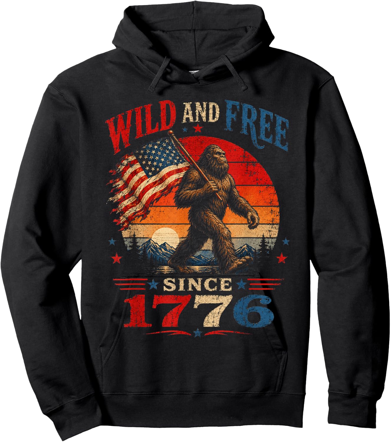 Patriotic Bigfoot Wild and Free Since 1776 American Flag Hoodie - Hoodie | Black