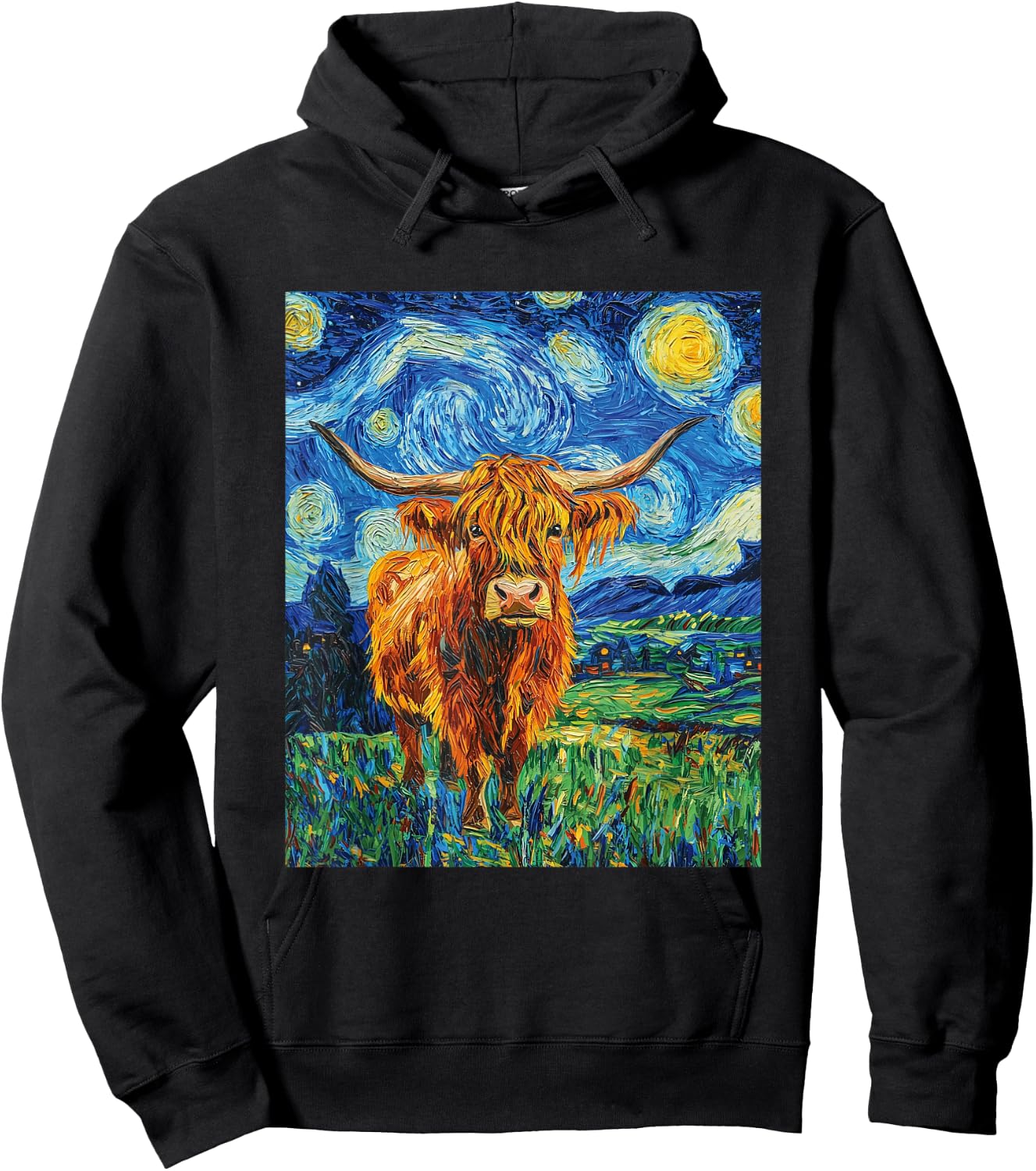 Funny Highland Cow Graphic Van Gogh Style Starry Night Hoodie - Hoodie | Black