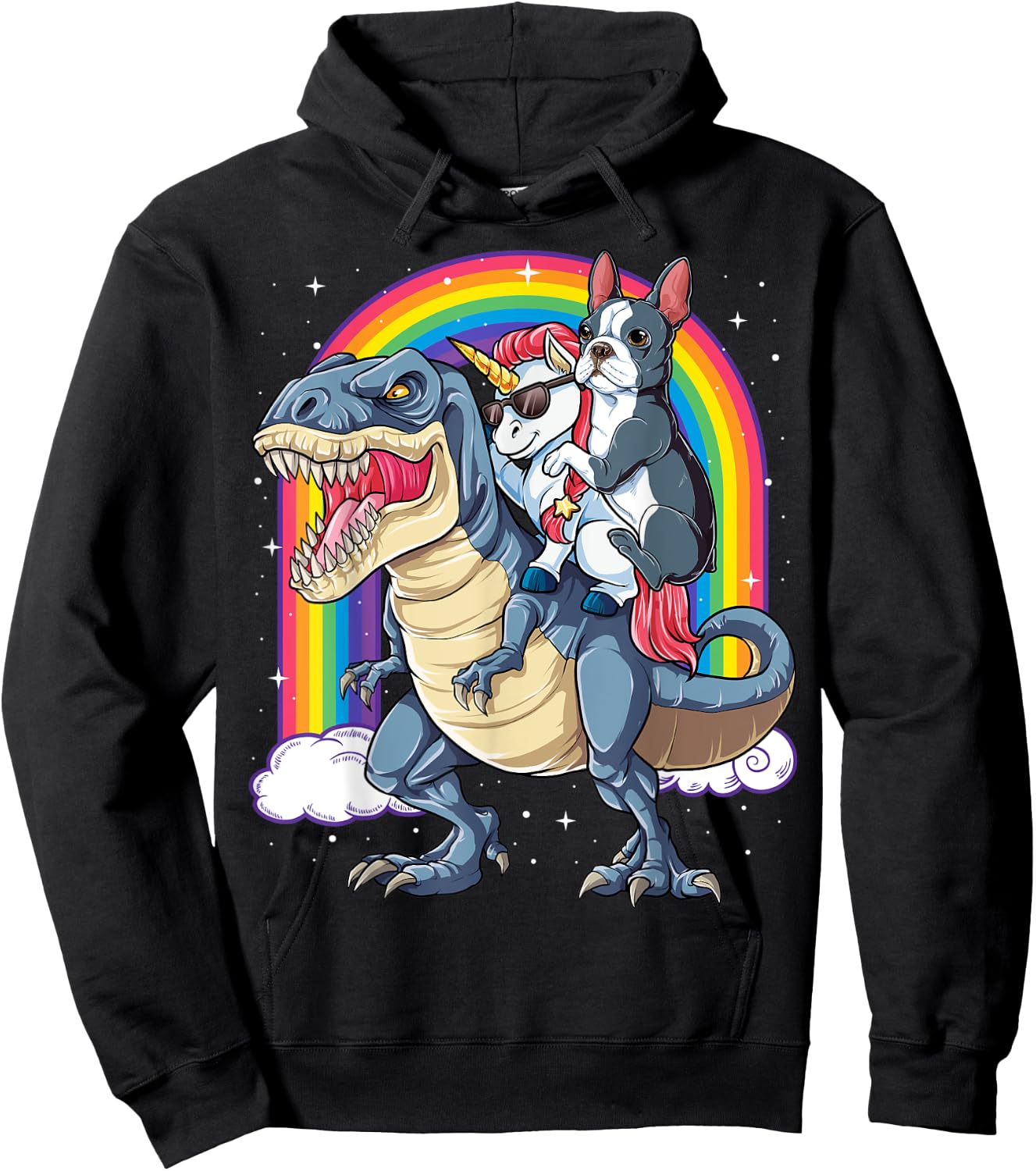 Boston Terrier Unicorn Riding Dinosaur T-rex Gift Boys Girls Hoodie - Hoodie | Black