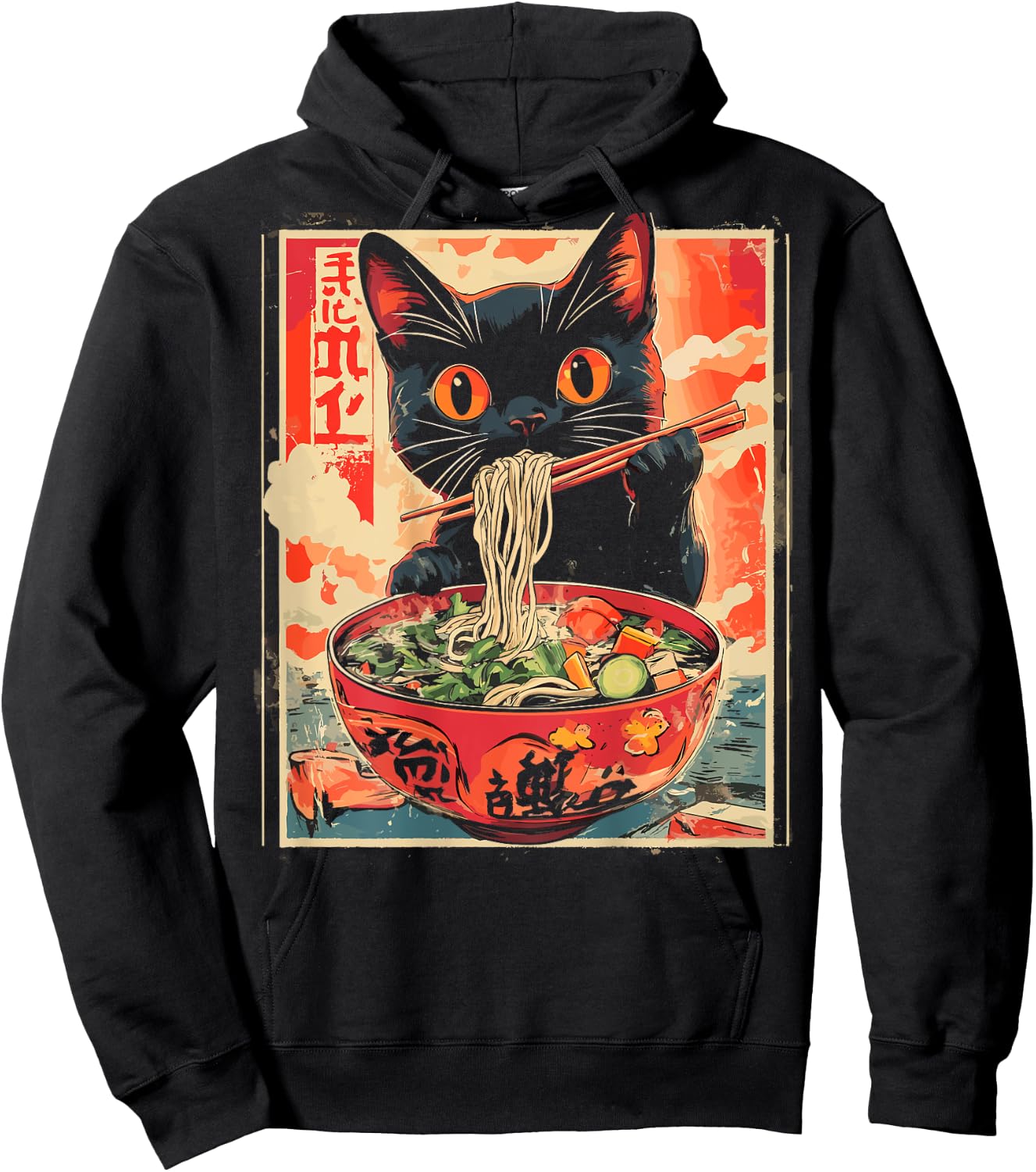 Cat Ramen Noodle Japanese Backprint , black Hoodie - Hoodie | Black