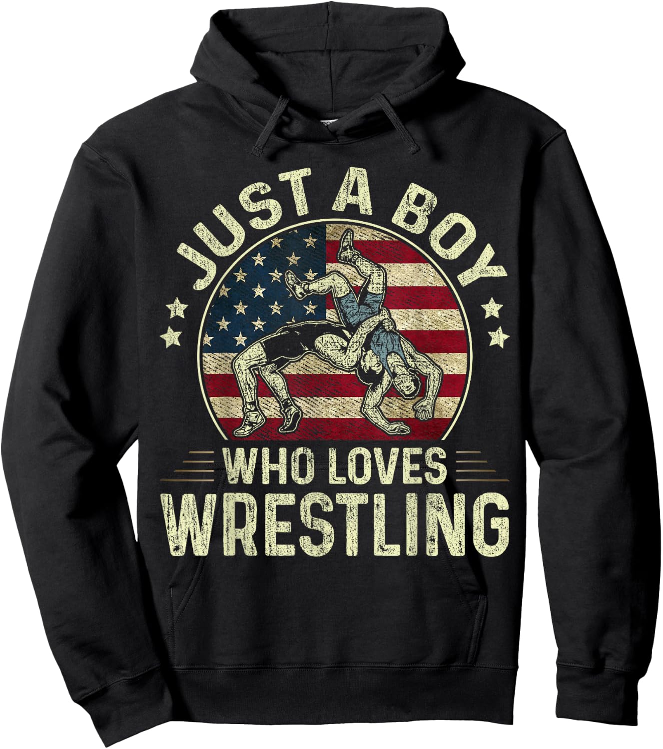 Just A Boy Who Loves Wrestling US Flag Patriotic Wrestler Hoodie - Hoodie | Black