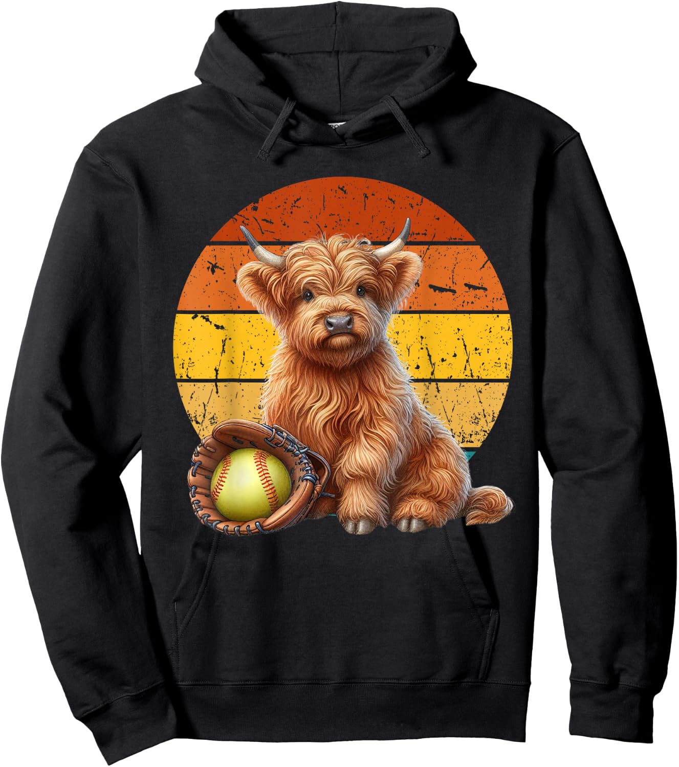Cute Highland Cow Softball , Retro Sunset Softball Hoodie - Hoodie | Black
