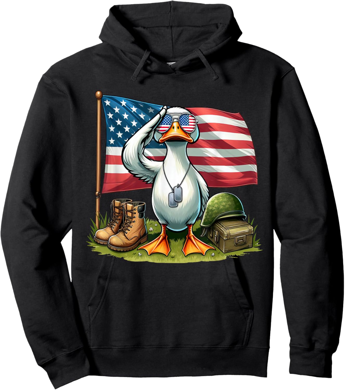 Salute Duck American USA Flag Memorial Day 4th of July Women Kids Men Hoodie - Hoodie | Black
