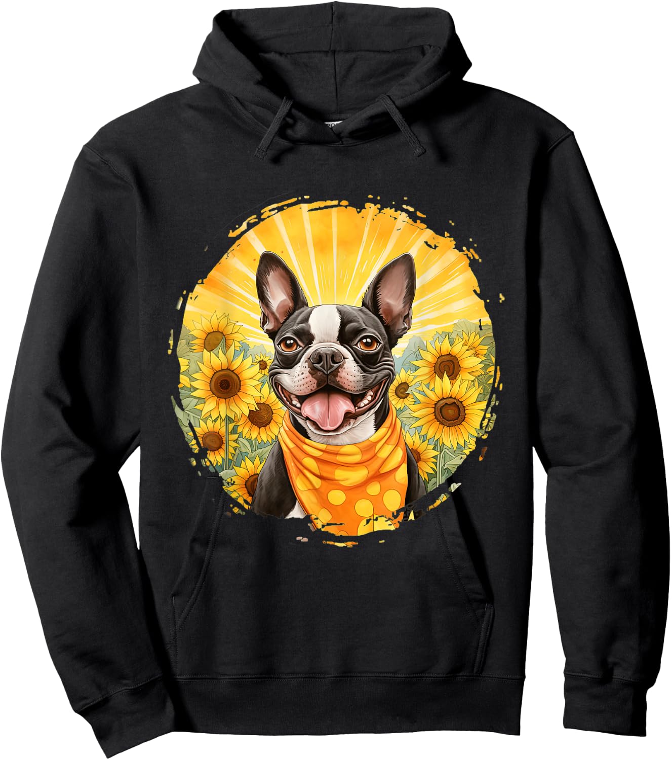 Boston Terrier Dog Vintage Bandana Headband Sunflower Field Men Women Hoodie - Hoodie | Black