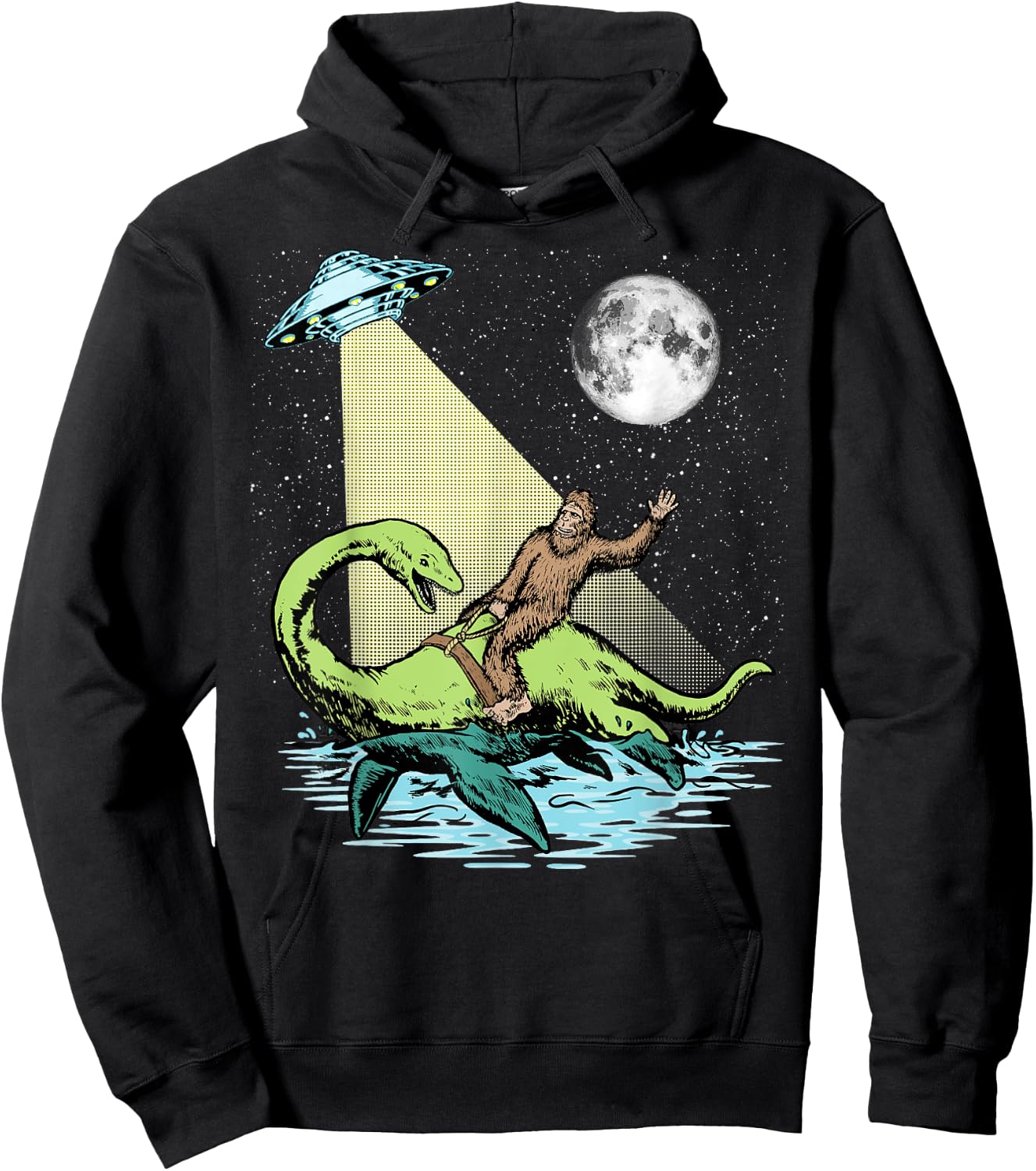 Bigfoot Riding Nessie & UFO Aliens At Night Funny Retro Hoodie - Hoodie | Black