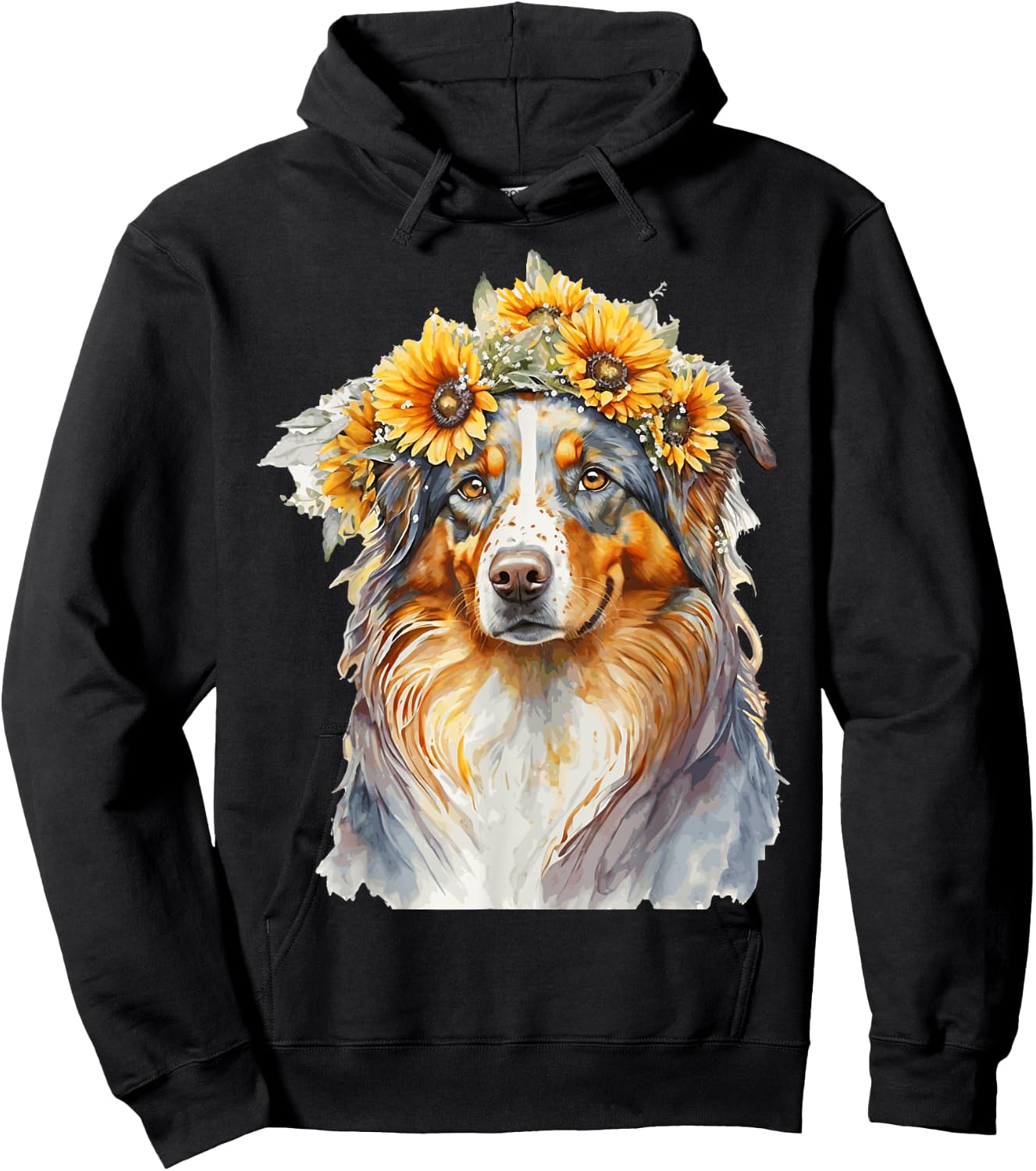 Watercolor Aussie Australian Shepherd Sunflower Dog Pet Hoodie - Hoodie | Black