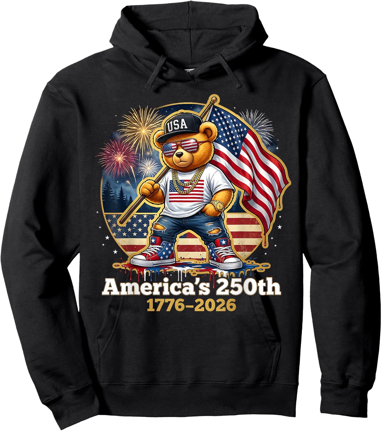 Patriotic Teddy Bear America's 250th Anniversary 1776 2026 Hoodie - Hoodie | Black
