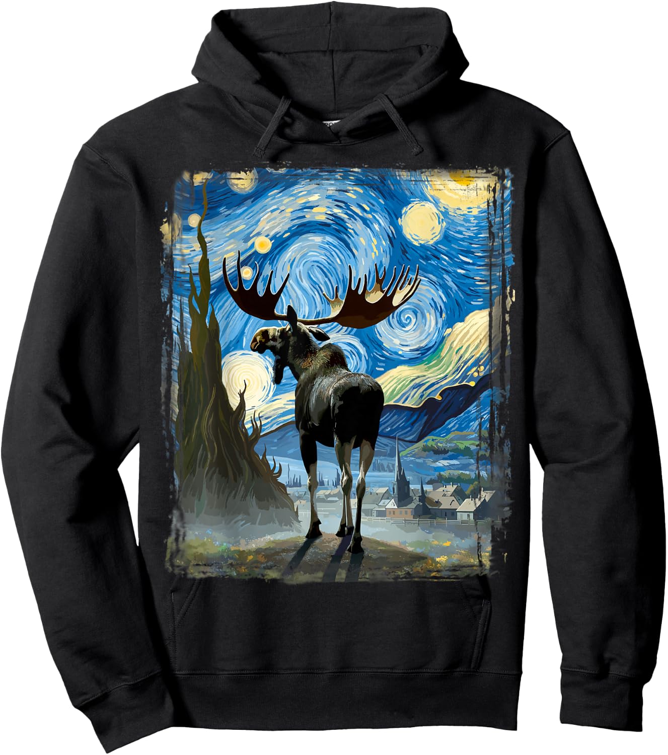Moose Star Gazer Artistic Van Gogh Style Starry Night Moose Hoodie - Hoodie | Black