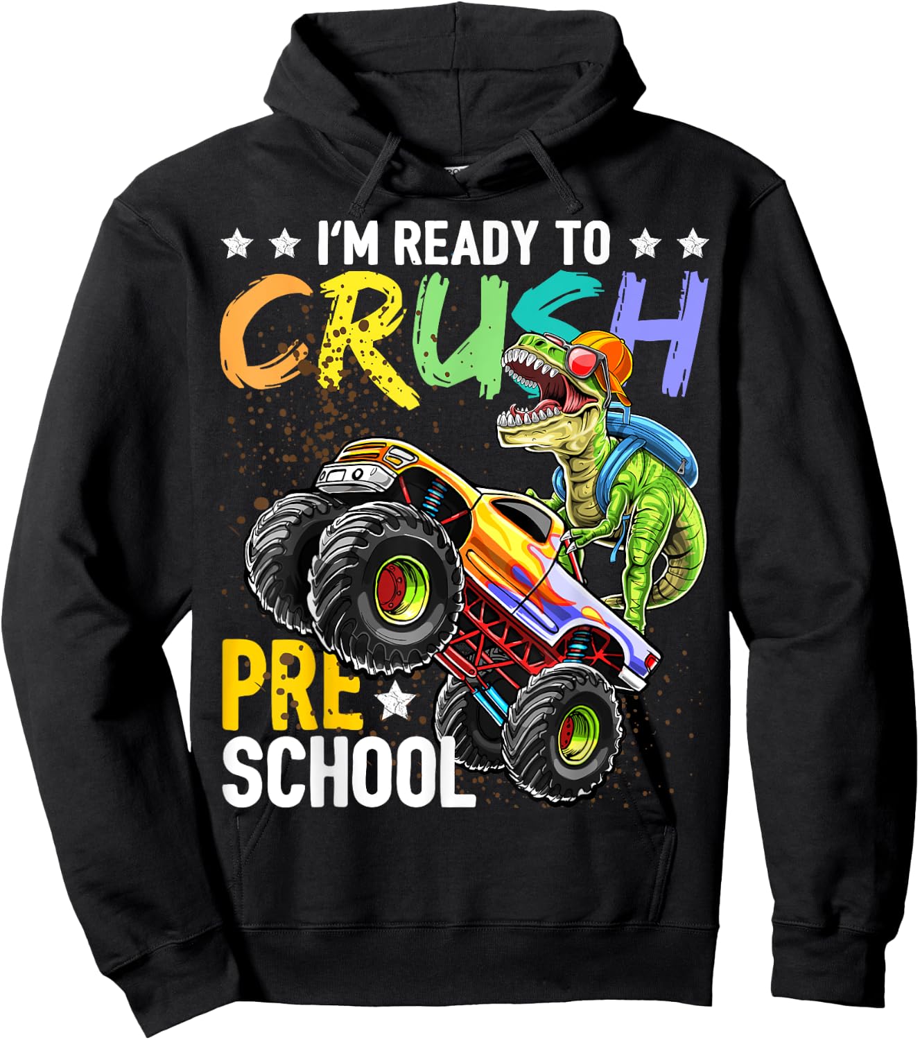 Crush Preschool Dinosaur Monster Truck Back to School Boys Hoodie - Hoodie | Black
