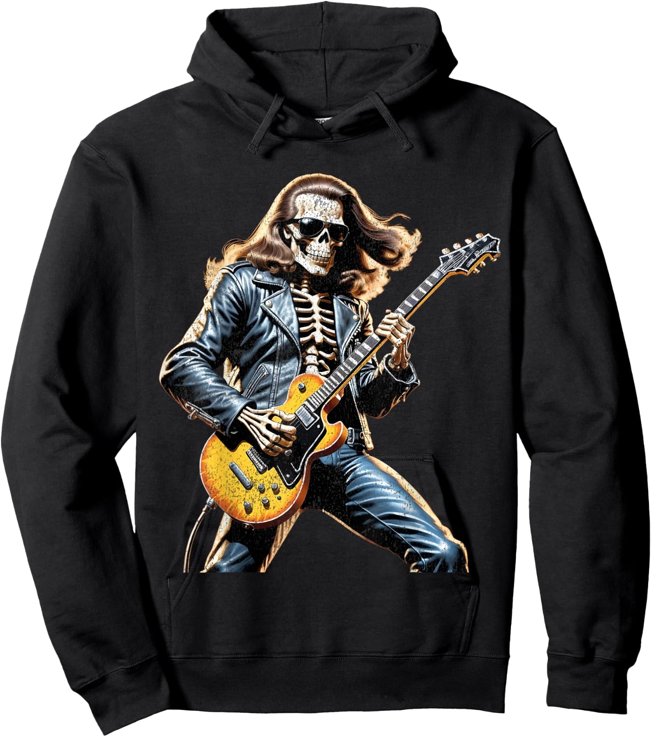 Skeleton Playing Guitar Rock and Roll Band Vintage Men Women Hoodie - Hoodie | Black
