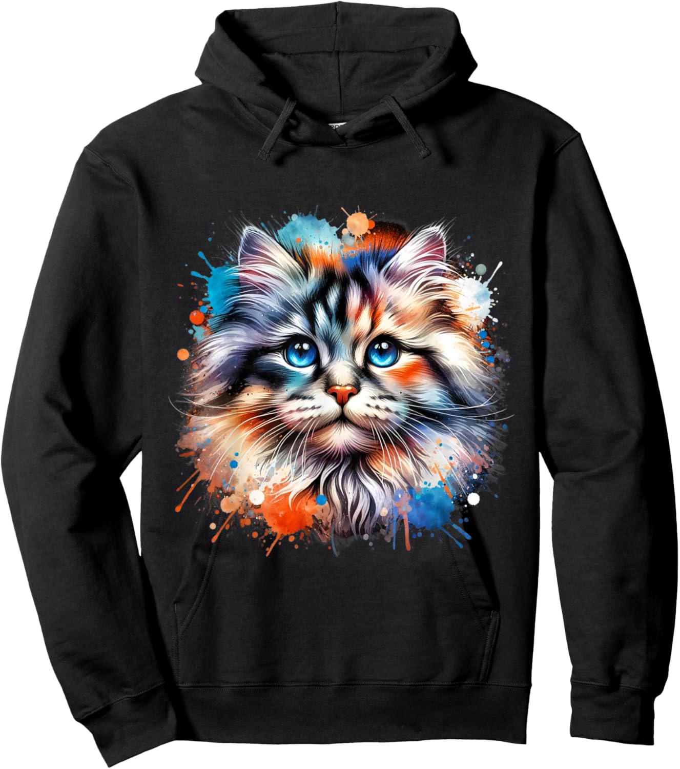 Watercolor Cat Art | Colorful Cat Design Cat Portrait Hoodie - Hoodie | Black