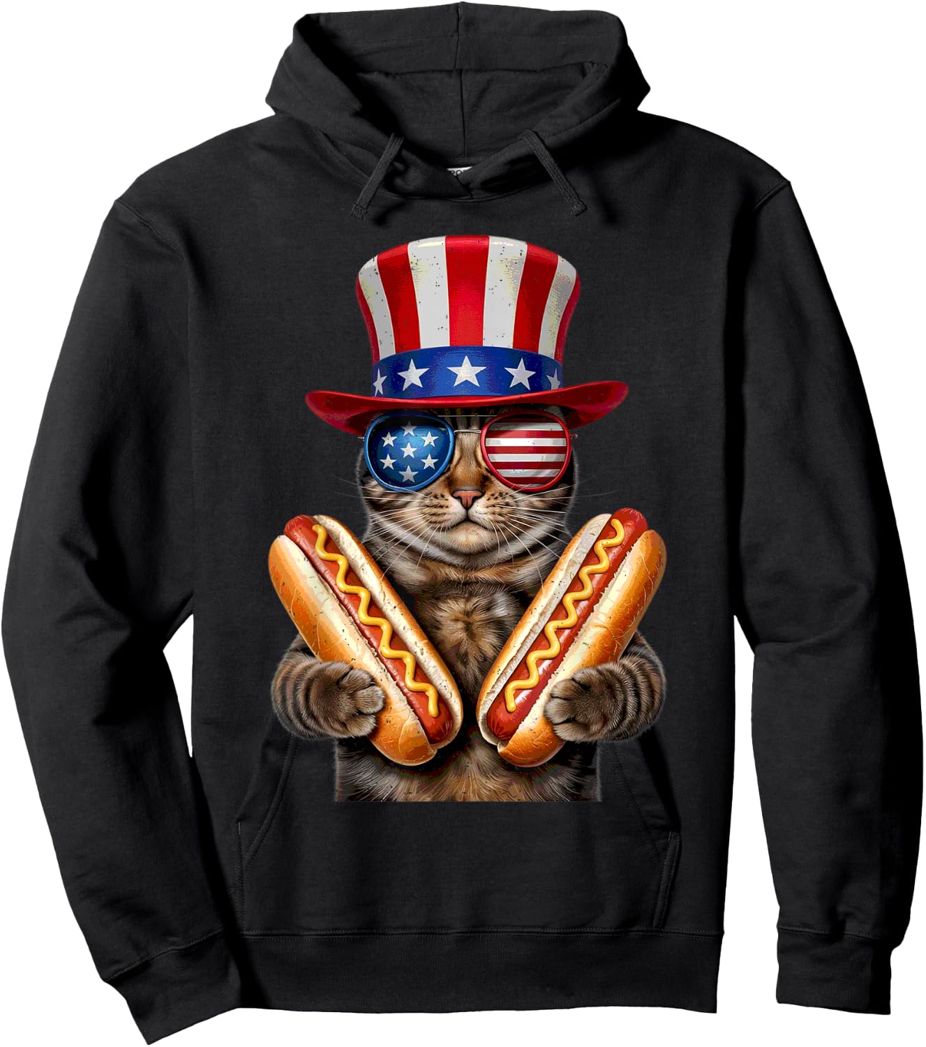 Cat Eating Hotdog 4th Of July American Flag Kitten Lover Hoodie - Hoodie | Black