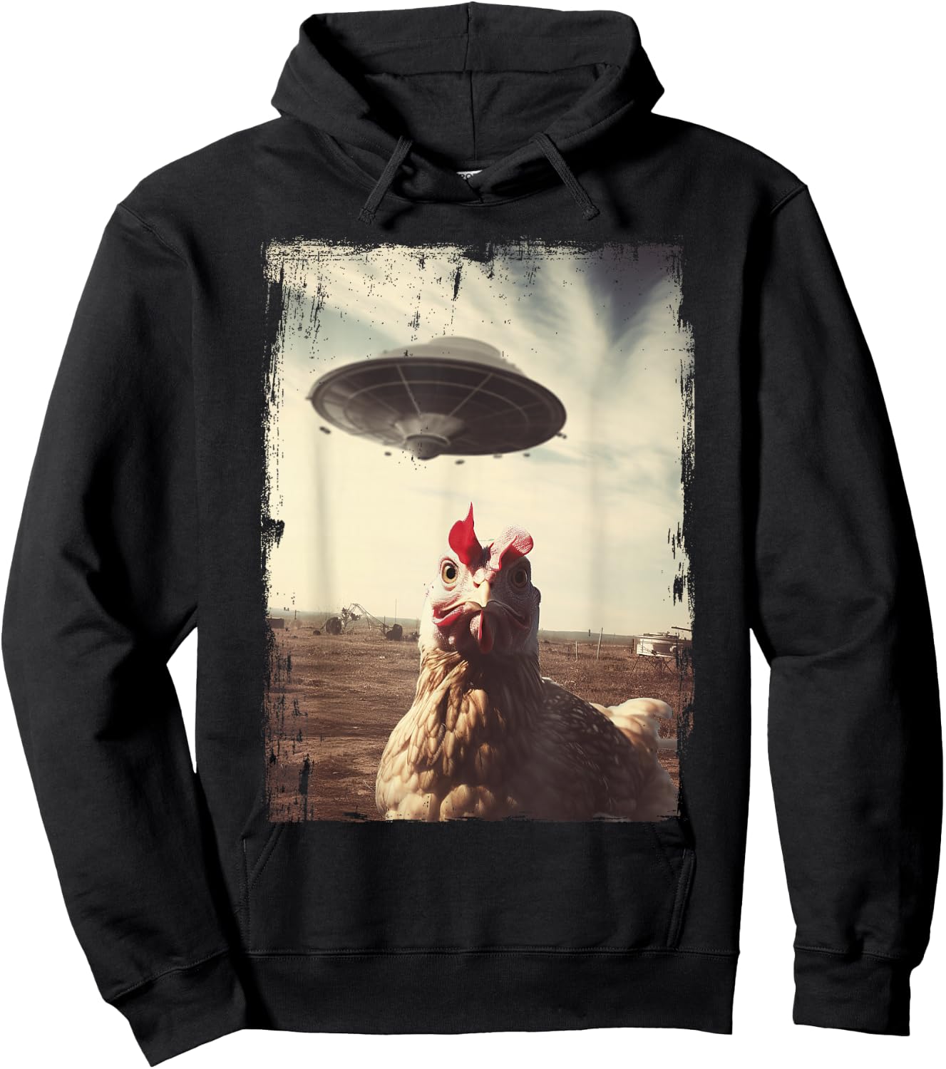 Weirdcore Chicken UFO Landing Graphic Hoodie - Hoodie | Black