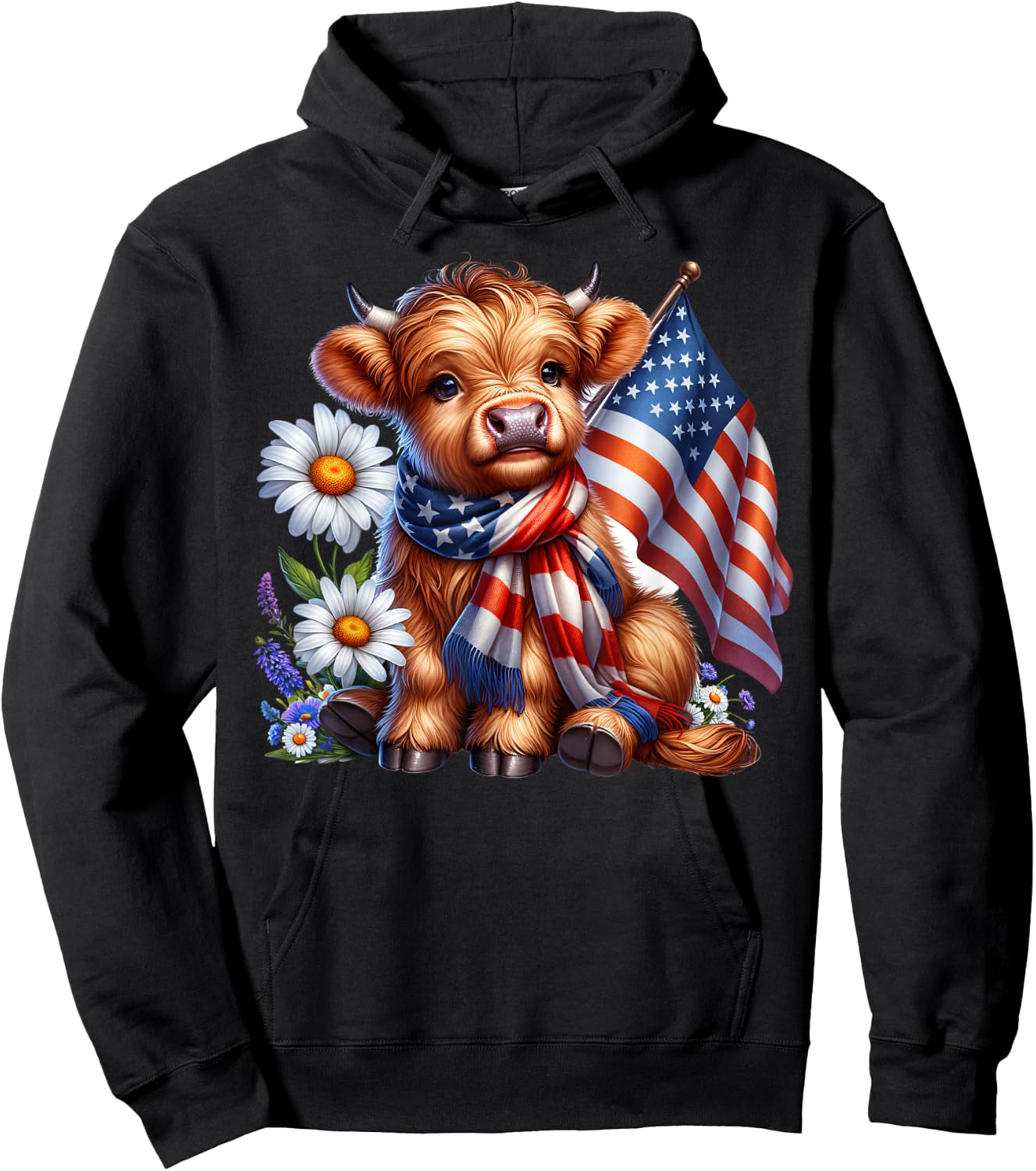 Cute Highland Cow Florals 4th of July USA Flag Patriotic Cow Hoodie - Hoodie | Black