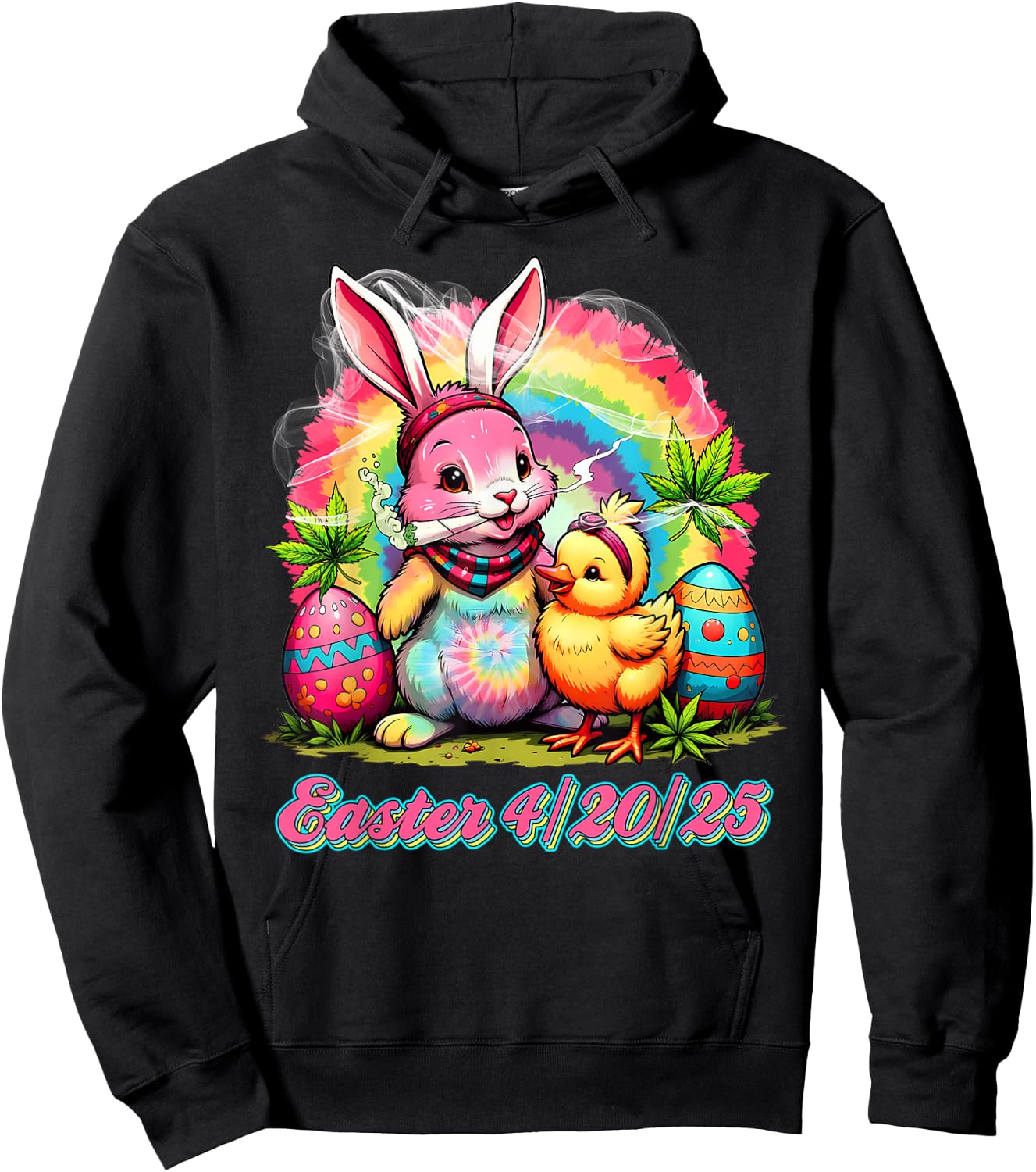 Happy 420 Easter Bunny Smoking Weed Funny Men Women Hoodie - Hoodie | Black