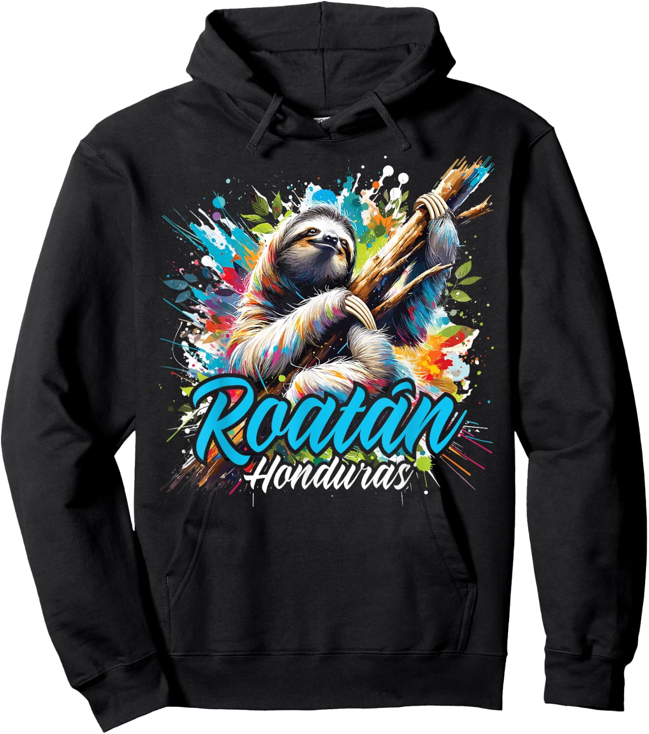 Roatan Sloth, Roatan Honduras Sloth Paint Splatter, Roatan Hoodie - Hoodie | Black