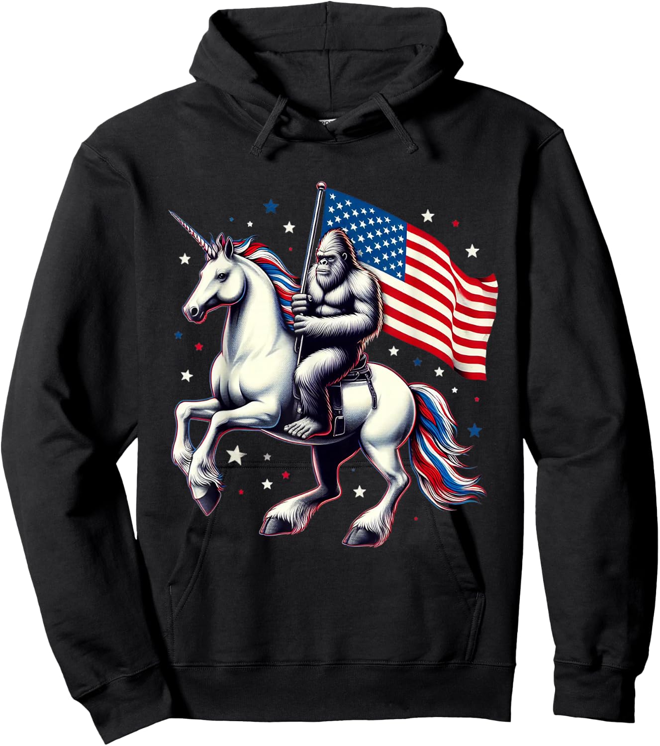 Bigfoot Sasquatch Riding Unicorn 4th Of July American Flag Hoodie - Hoodie | Black