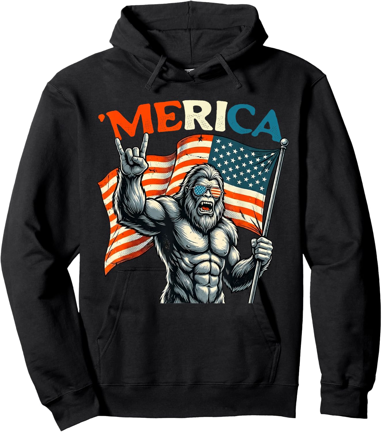 4th of July Bigfoot Sasquatch Merica Rock American Patriotic Hoodie - Hoodie | Black