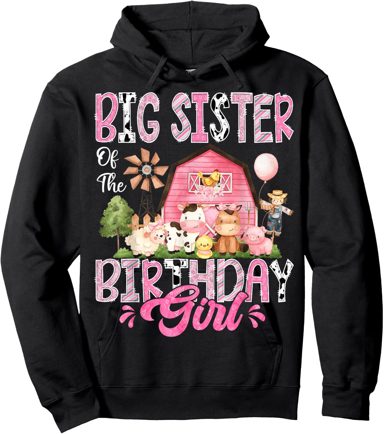 Big Sister Of The Birthday Girl Pink Farm Cow First Birthday Hoodie - Hoodie | Black
