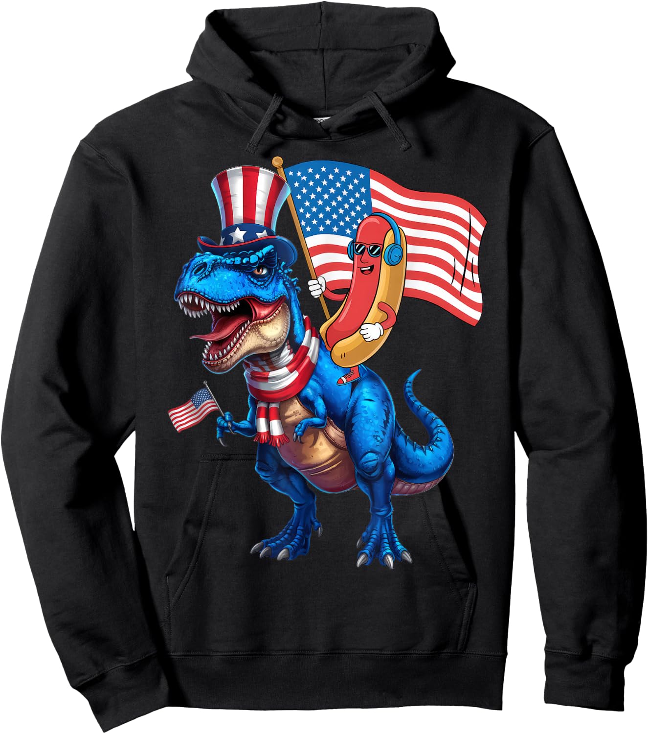 Hotdog Riding Dinosaur TRex 4th of July USA Flag Hoodie - Hoodie | Black