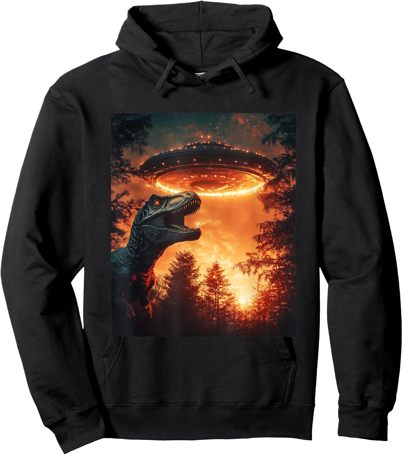 Trex Dinosaur Dino Selfie with UFOs Aliens Funny Graphic Hoodie - Hoodie | Black