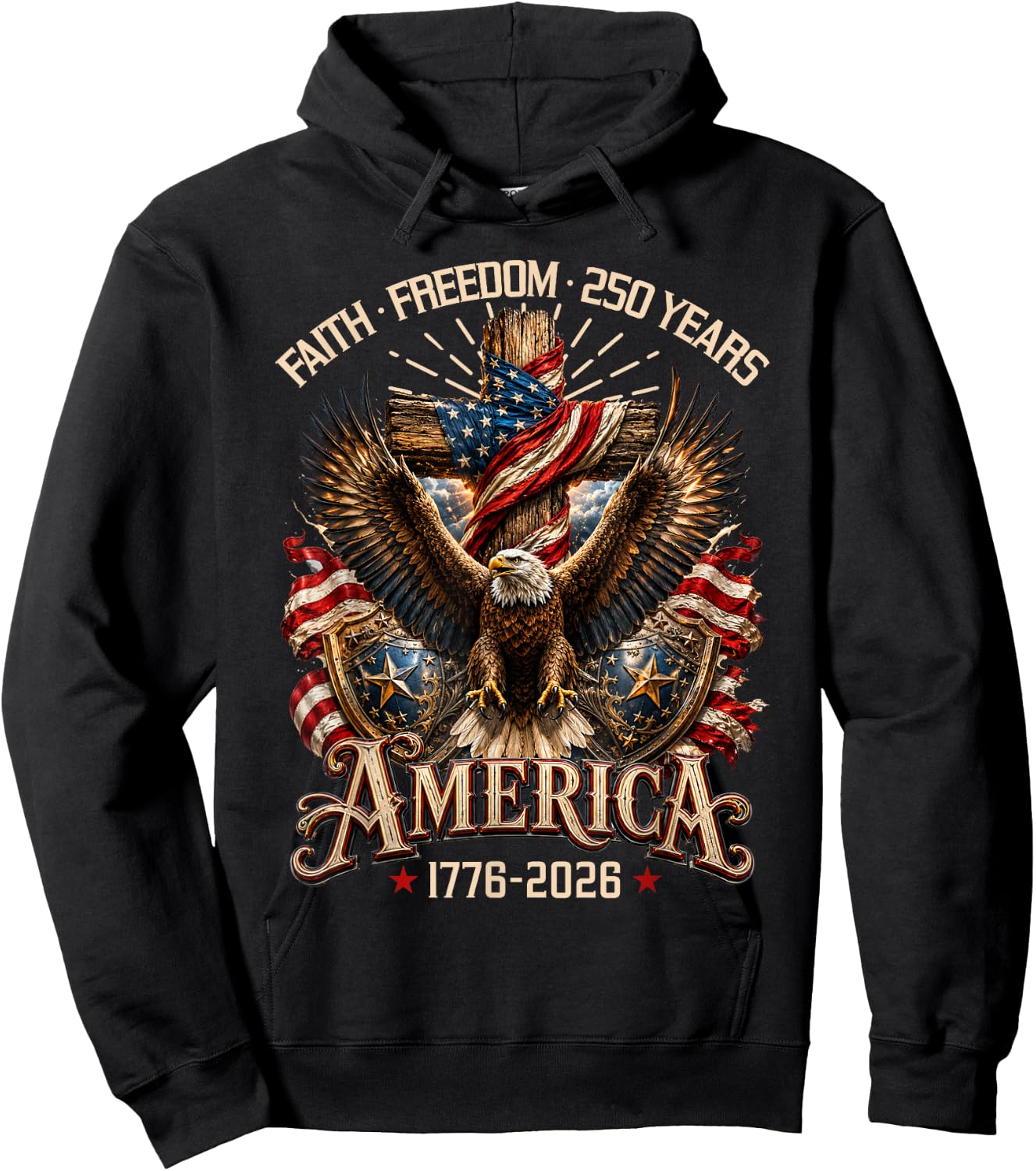 Faith Freedom 250 Years Christian Cross Eagle 4th of July Hoodie - Hoodie | Black