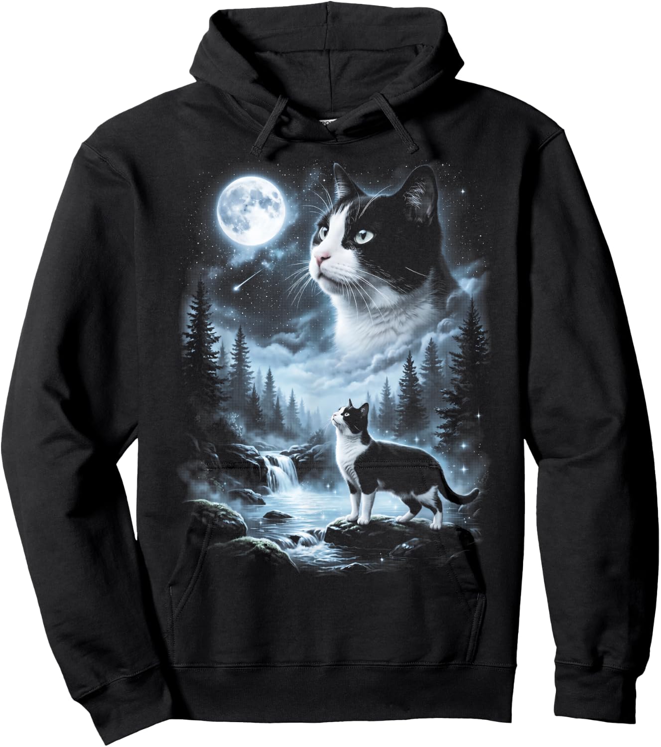 Tuxedo Cat Howling at Moon 90's Retro Hoodie - Hoodie | Black
