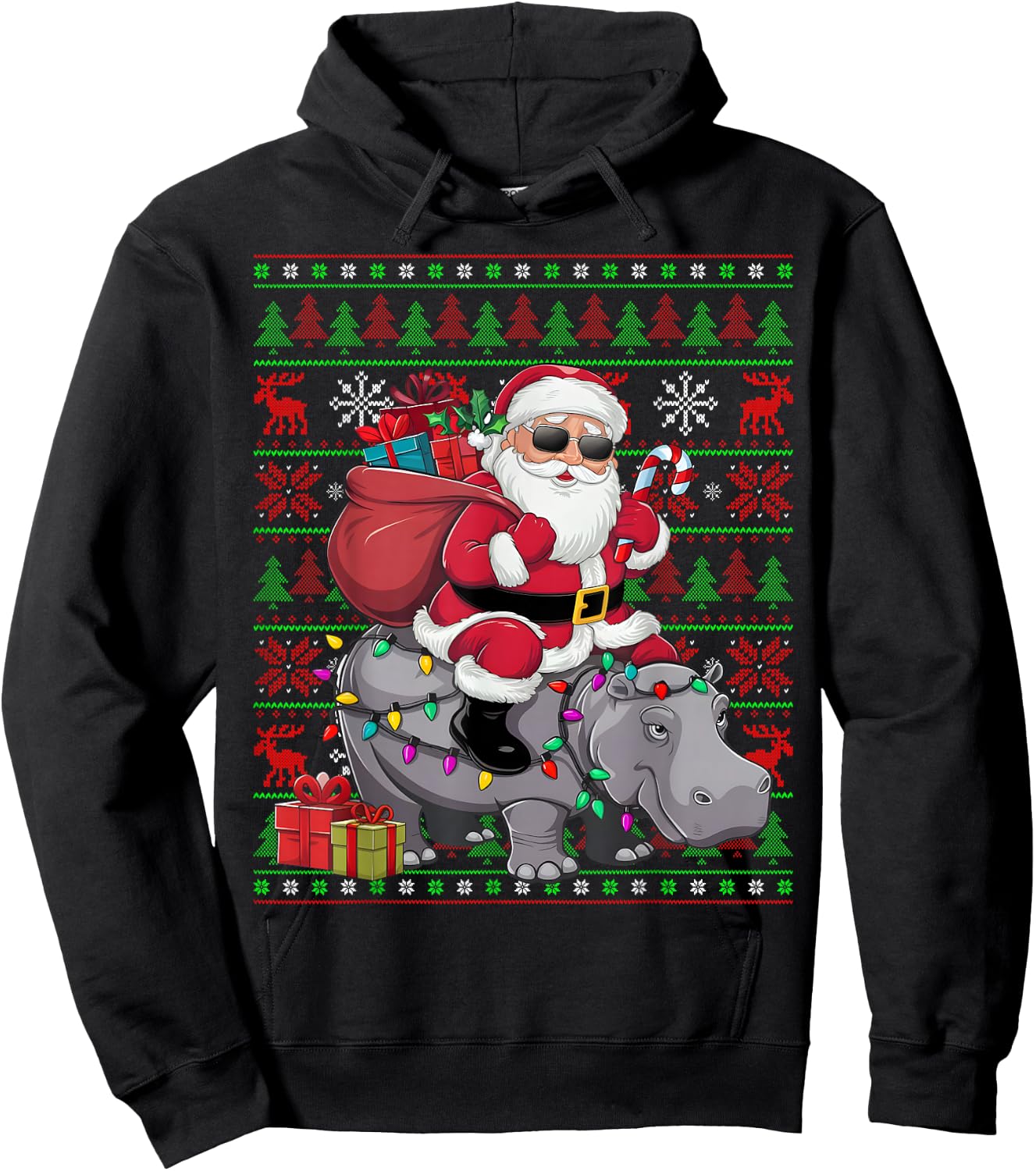 Ugly Xmas Lights Funny Santa Riding Hippo Christmas Hoodie - Hoodie | Black