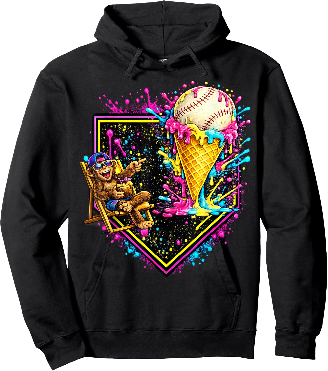 Monkey Funny Animals Baseball Ice Cream Drip Cool Hoodie - Hoodie | Black
