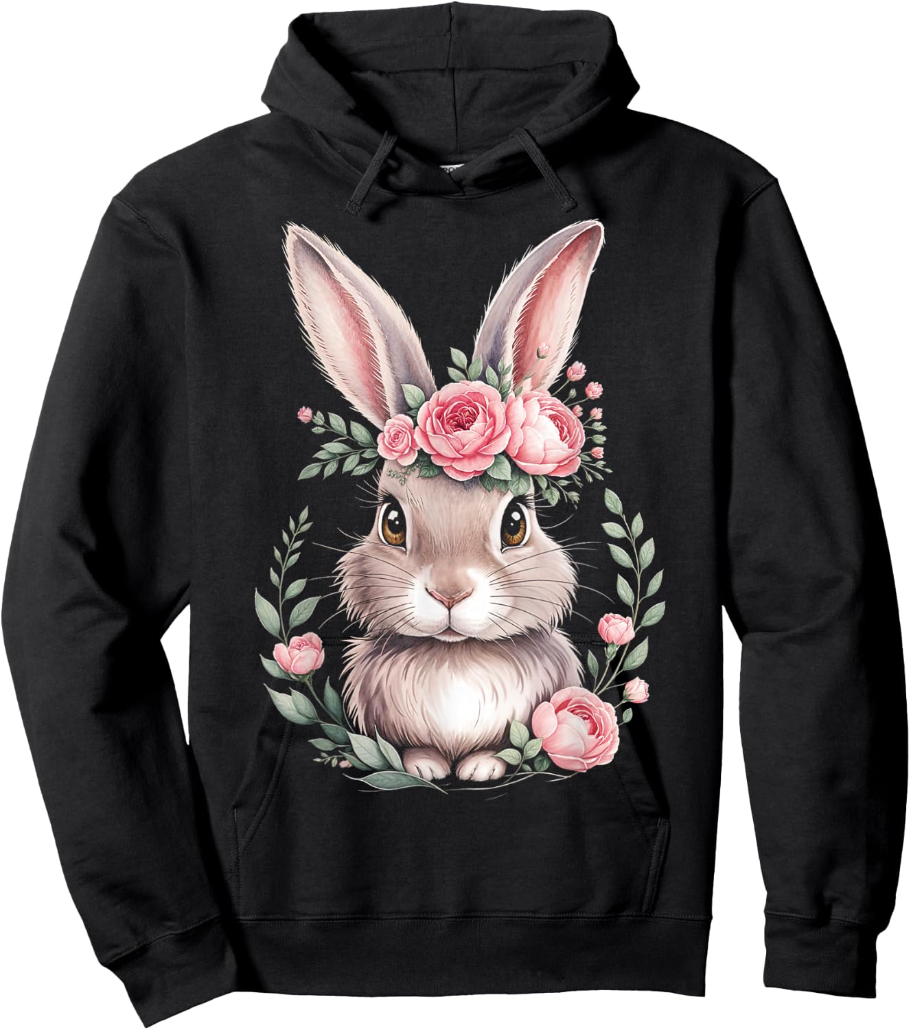 Bunny with Pink Rose Crown Watercolor Art Hoodie - Hoodie | Black
