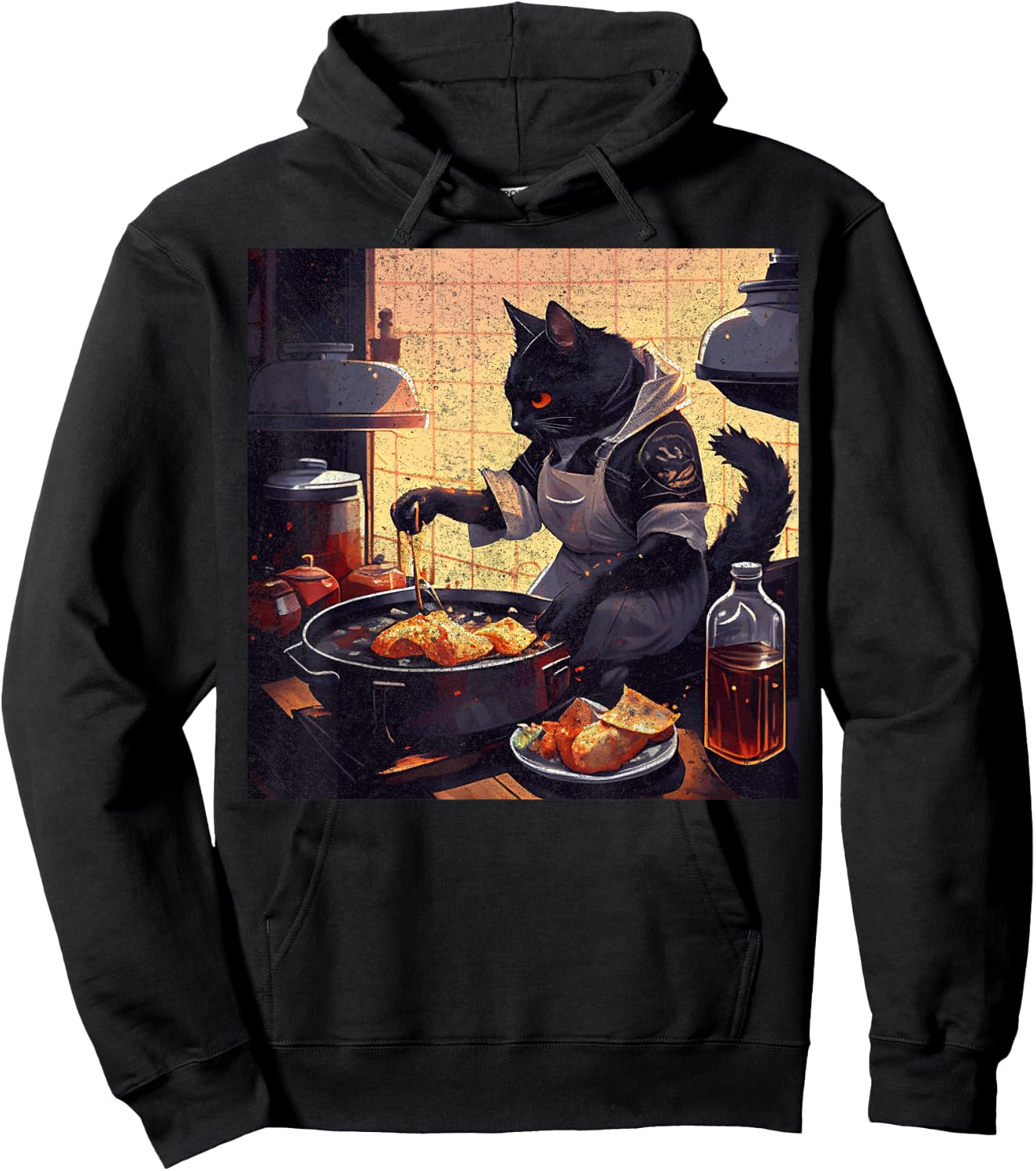 Black Cat Cooking Fried Chicken Men Women Girls Kids Hoodie - Hoodie | Black
