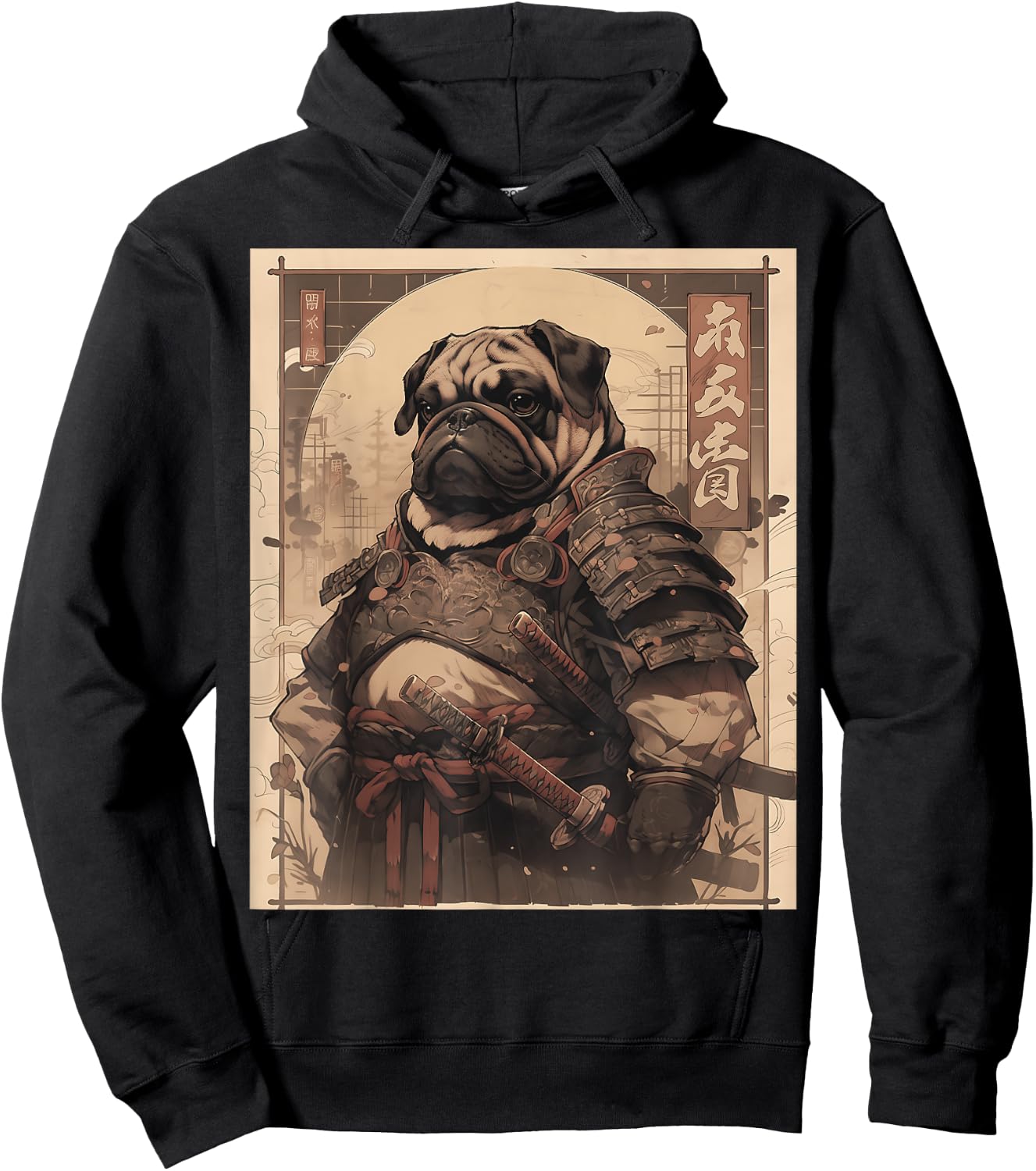 Pug Dog Samurai Full Gear Warriors Japanese Gothic Style Hoodie - Hoodie | Black