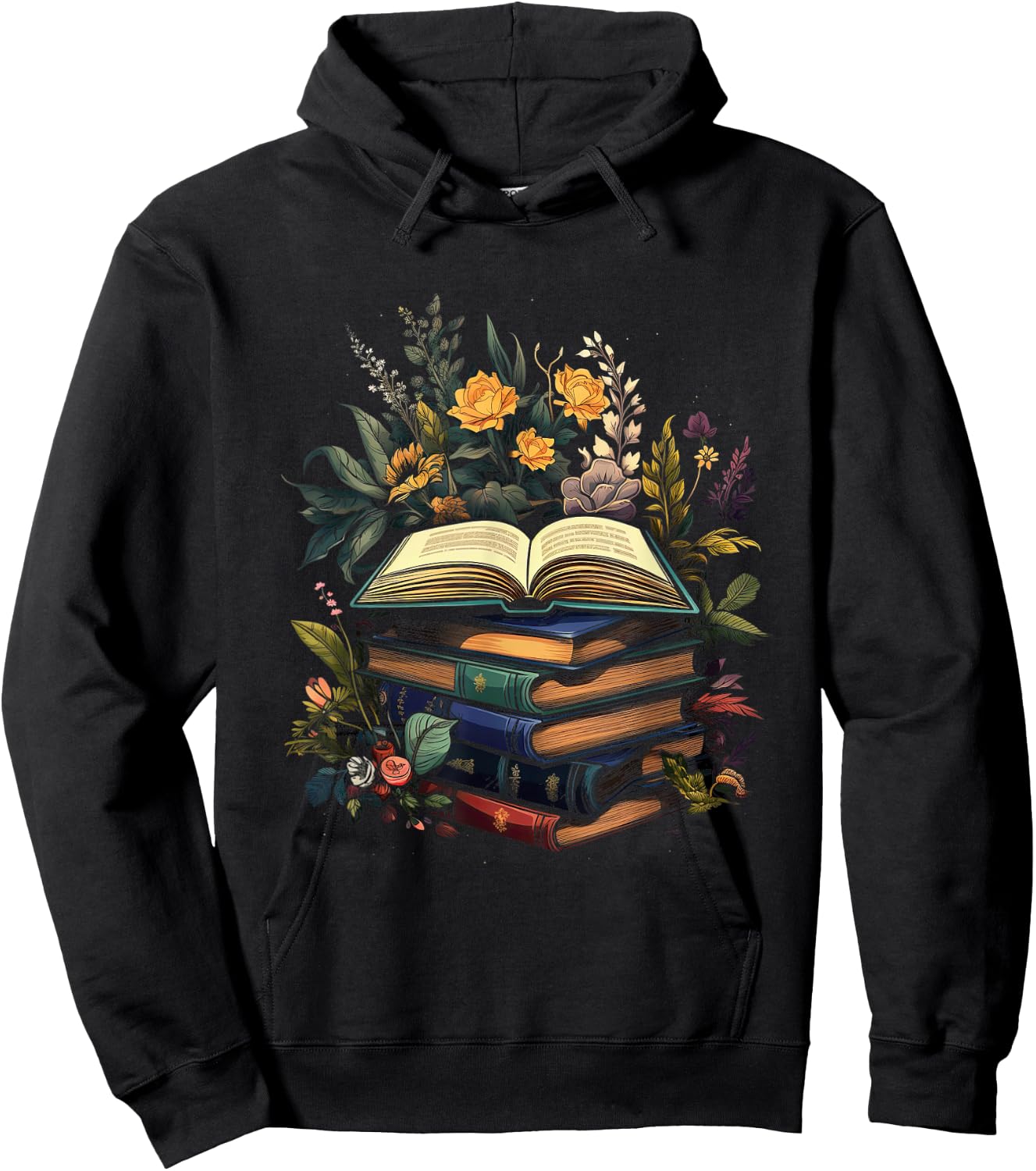 Minimalist Book with Flowers Nature Books Reading , black Hoodie - Hoodie | Black