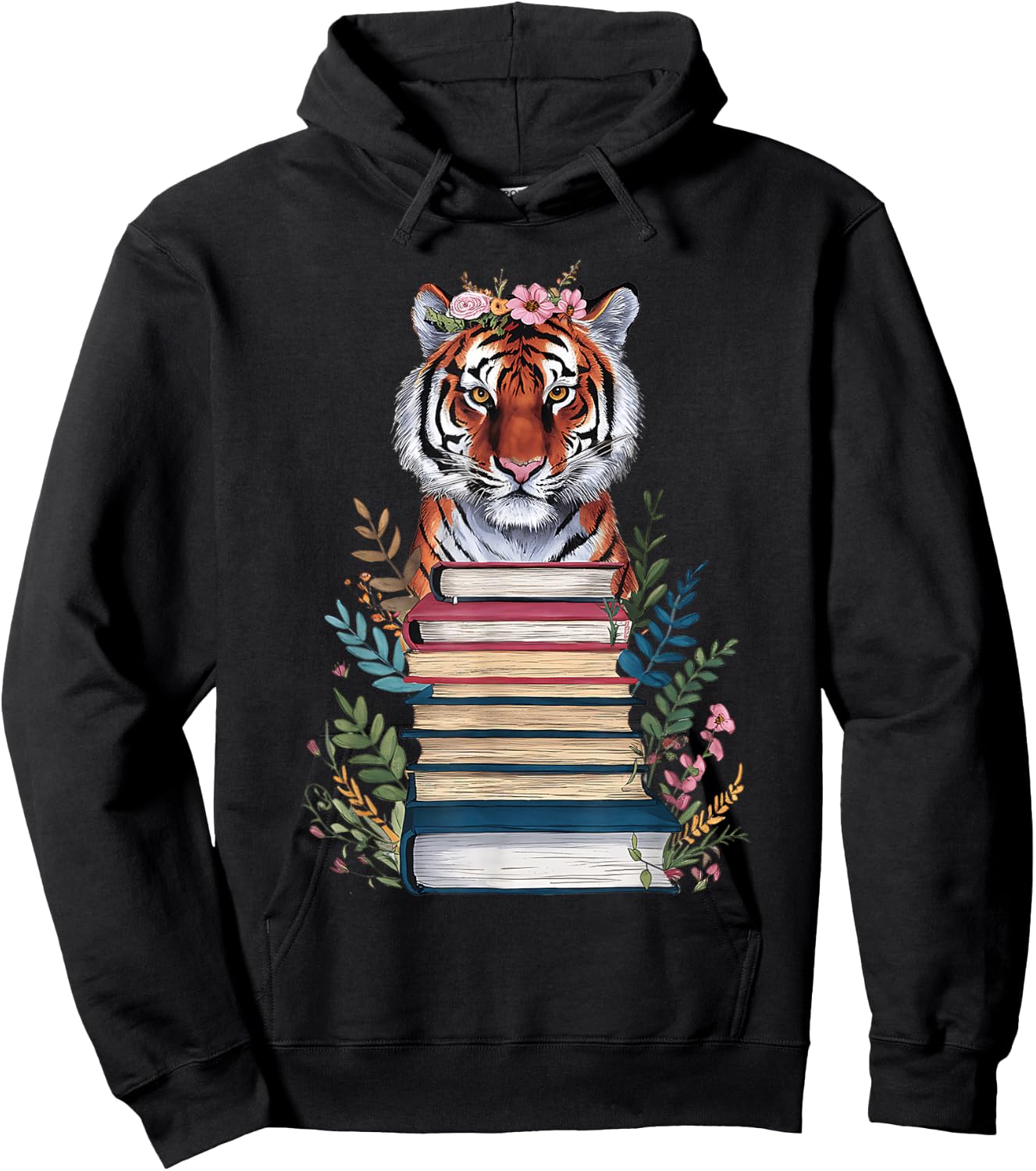 Cute Tiger With Book Floral Bookworm Librarian Book Lover Hoodie - Hoodie | Black