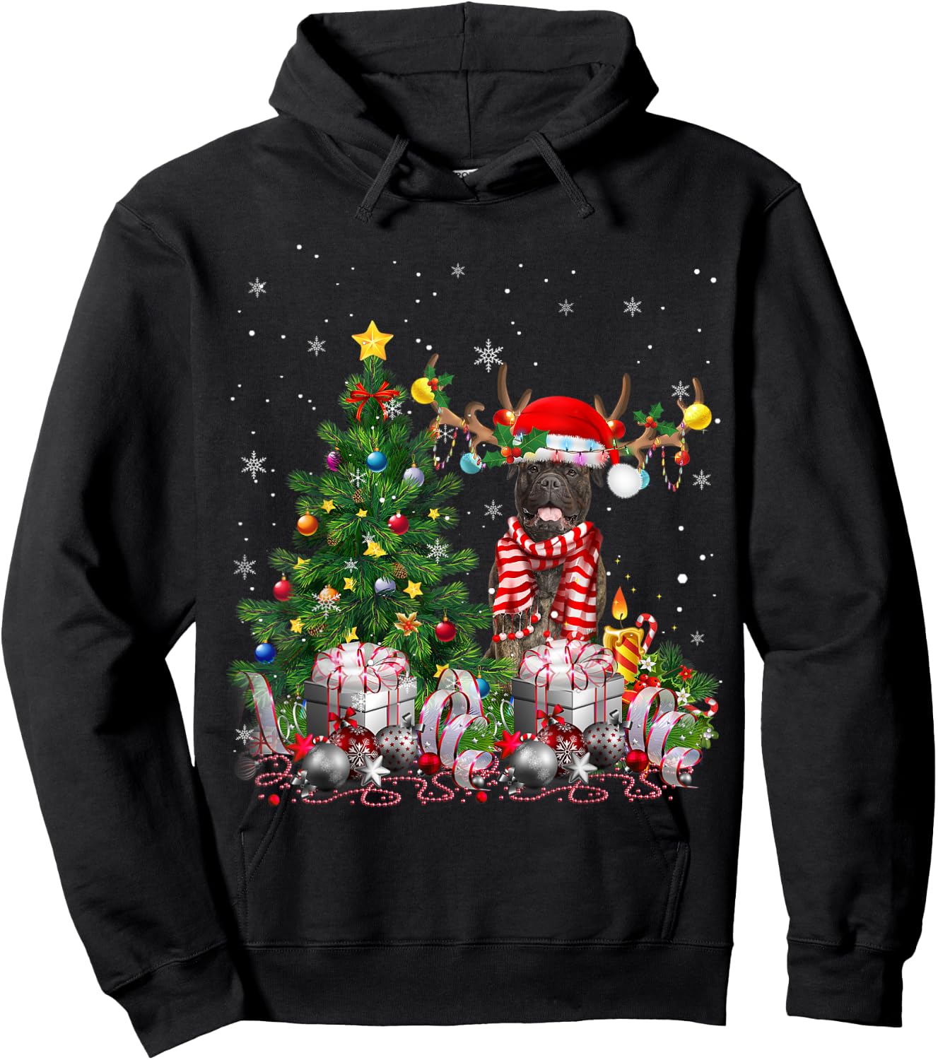 Bull Mastiff Dog Christmas Tree Lights Santa Pajamas Xmas Hoodie - Hoodie | Black