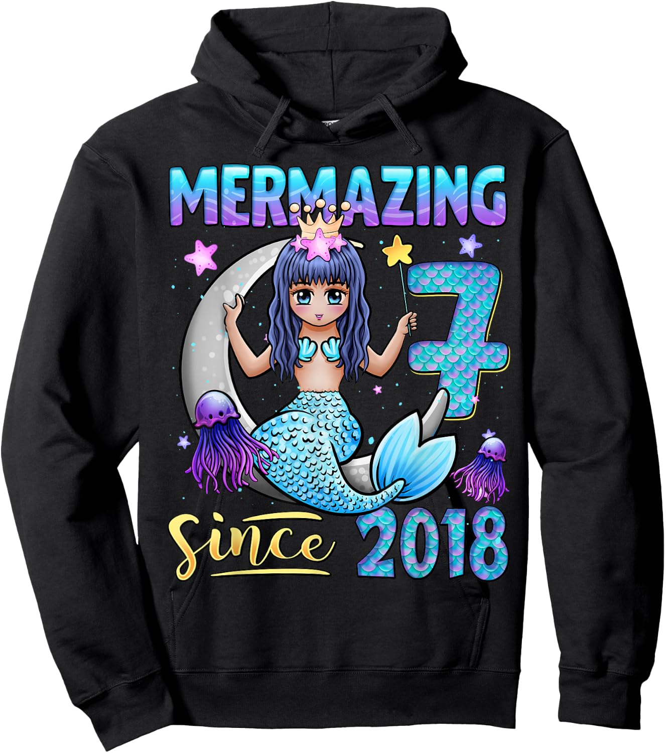 Mermaid Birthday Shirt 7 Years Old Mermaid 7th Birthday Girl Hoodie - Hoodie | Black