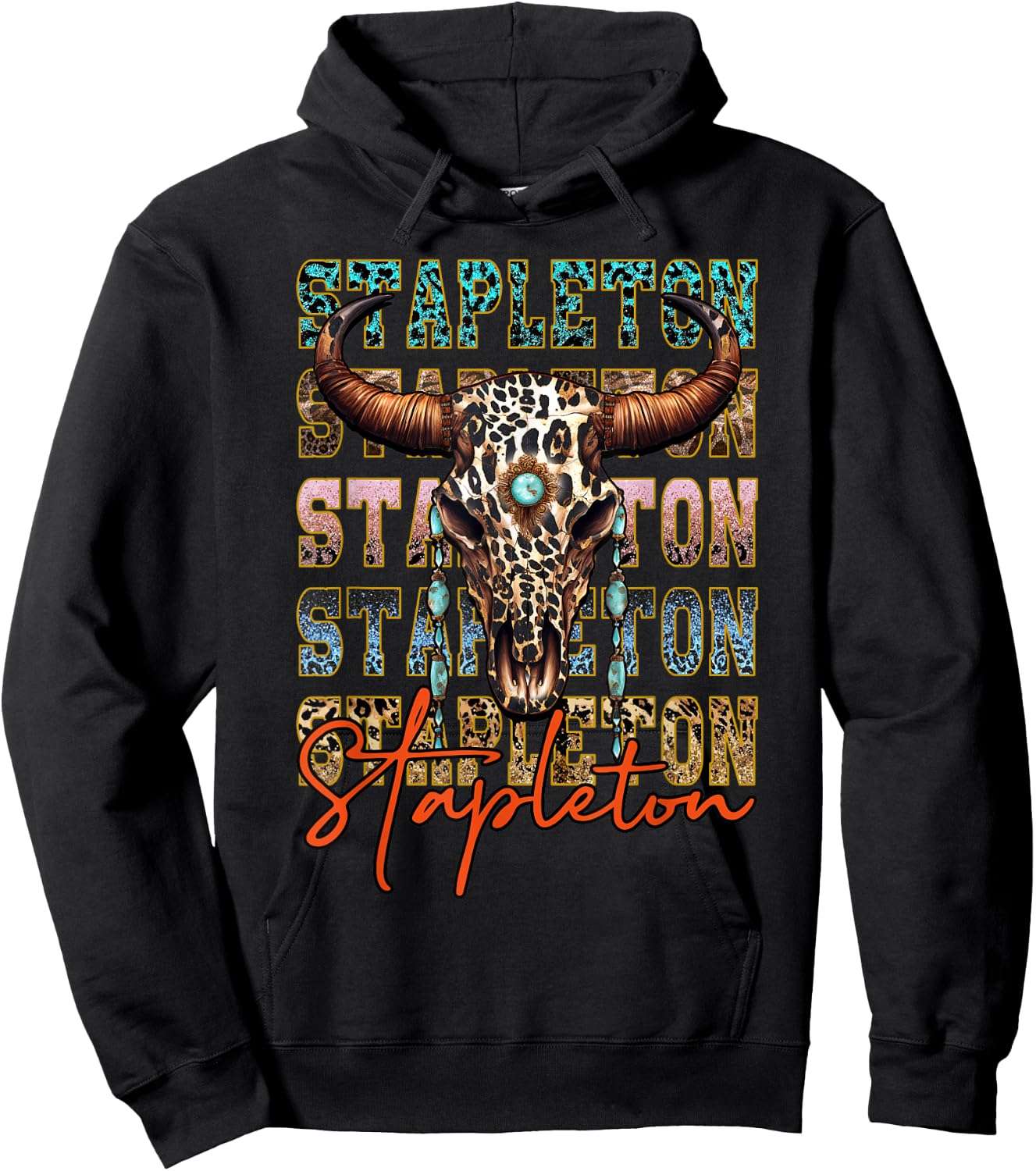 Vintage Stapleton Cow & Leopard Distressed Music Country 80s Hoodie - Hoodie | Black