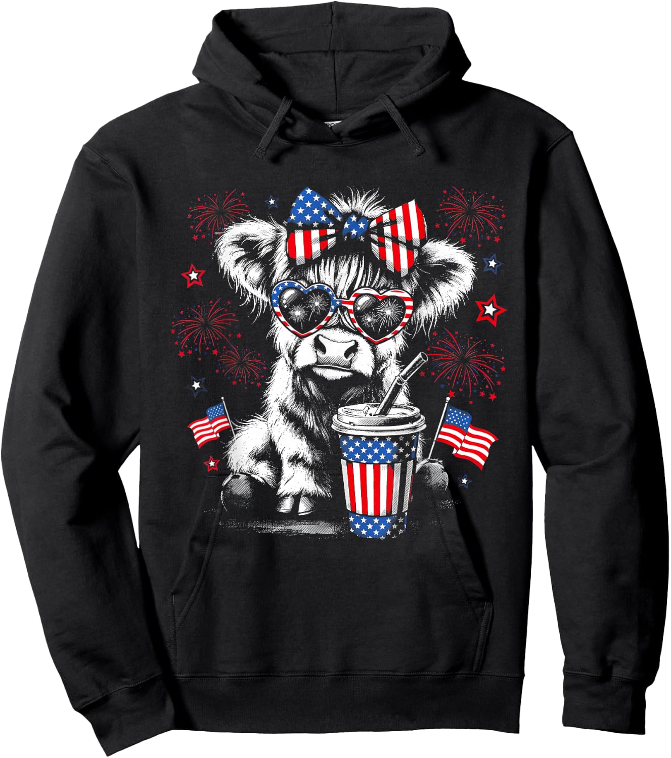 Patriotic Bow Sunglasses Highland Cow Fireworks USA Flag Hoodie - Hoodie | Black