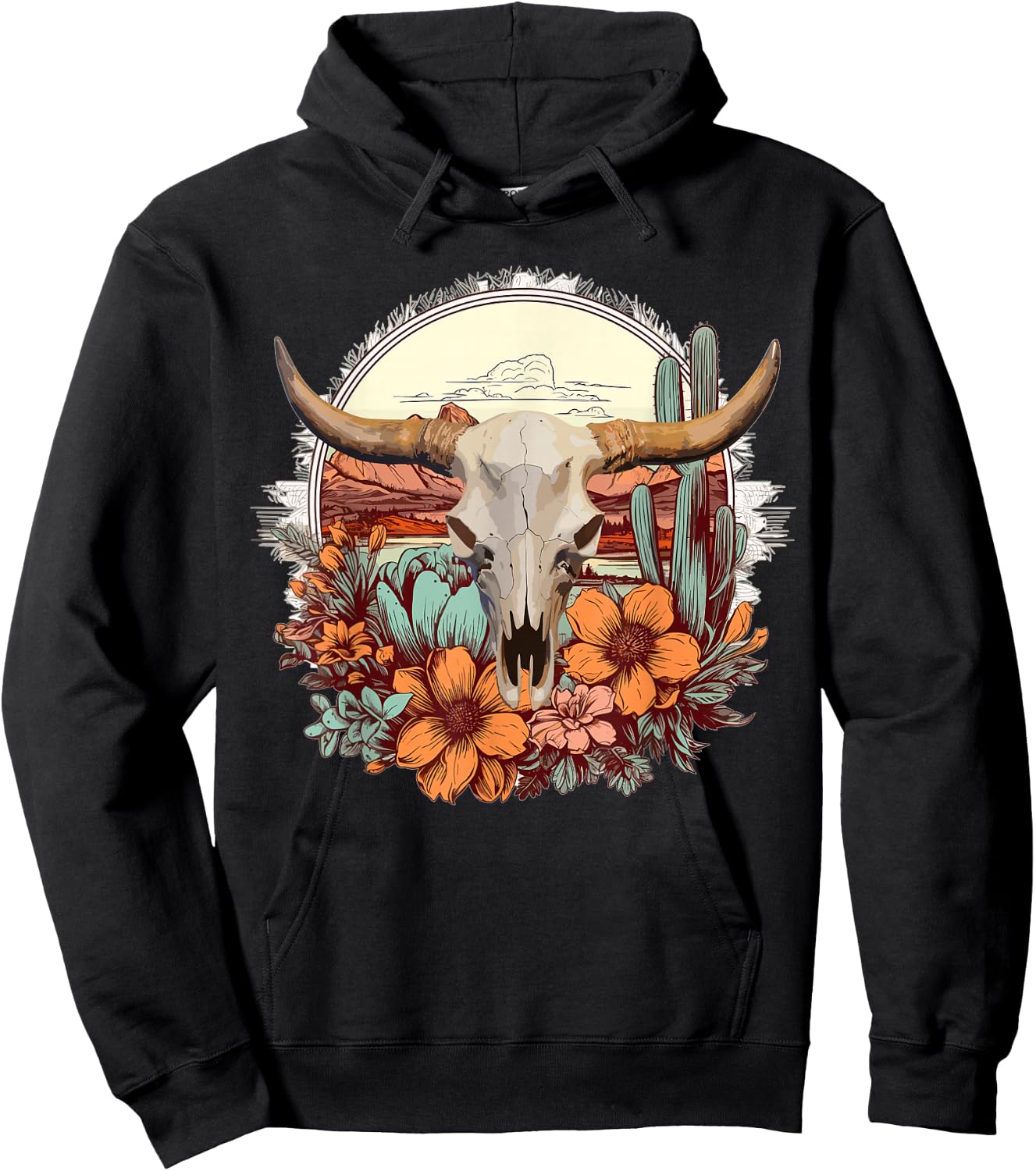 Cow Skull Vintage Boho Cowgirl Cactus Flowers Western Rodeo Hoodie - Hoodie | Black