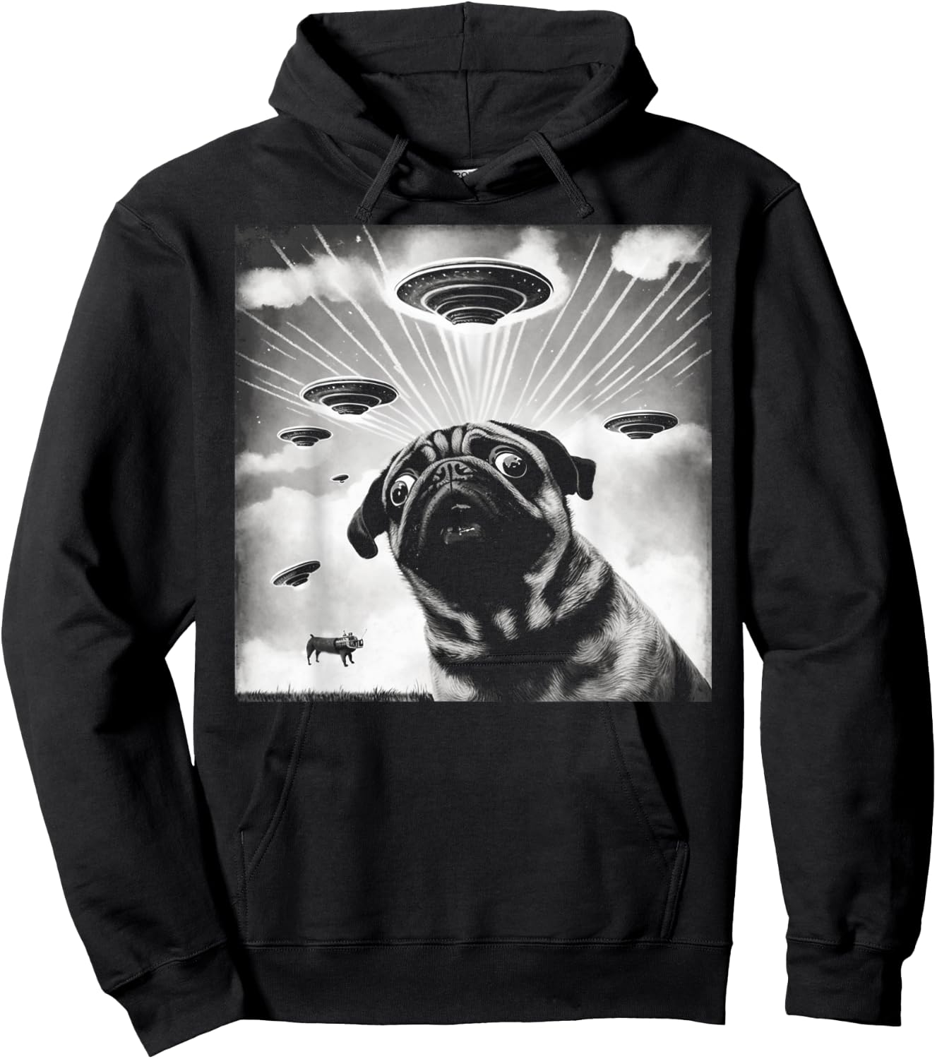 UFO Flying Alien UAPs Funny Pug Selfie Retro Hoodie - Hoodie | Black