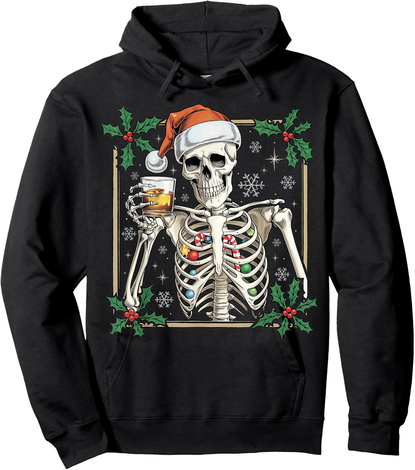 Funny Skeleton Santa Hat Drinking Bourbon Whiskey Christmas Hoodie - Hoodie | Black