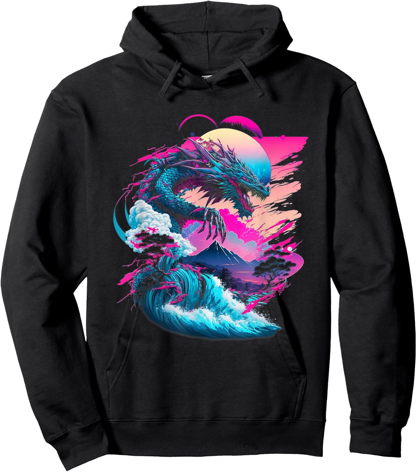 Dragon Vaporwave Abstract Landscape Moon Tree Waterfall Hoodie - Hoodie | Black
