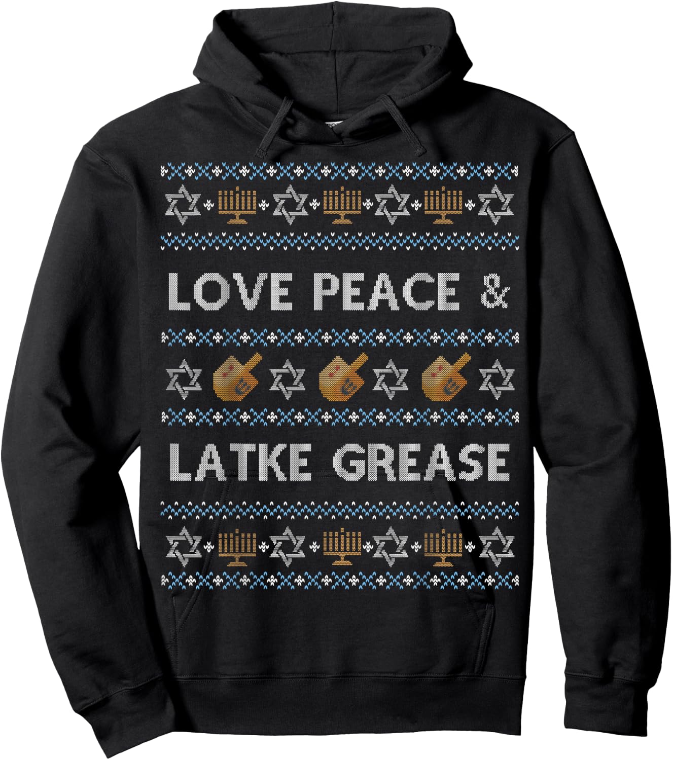 Funny Ugly Hanukkah Sweater Shirt, Love Peace Latke Grease Hoodie - Hoodie | Black