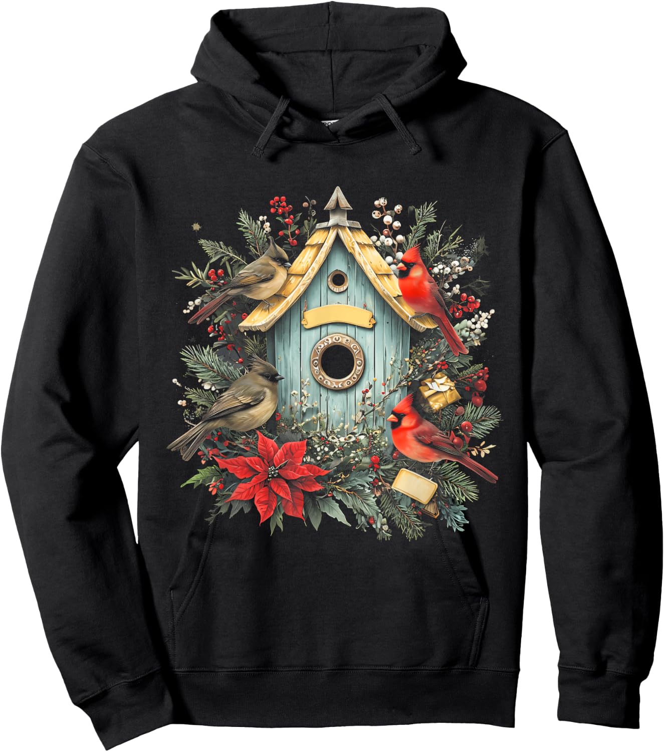 Birdhouse Cardinal Winter Birds Lover Christmas Birdwatcher Hoodie - Hoodie | Black