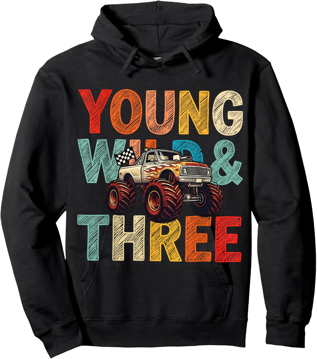 3rd Birthday Monster Truck Young Wild and Three 3 Year Old Hoodie - Hoodie | Black