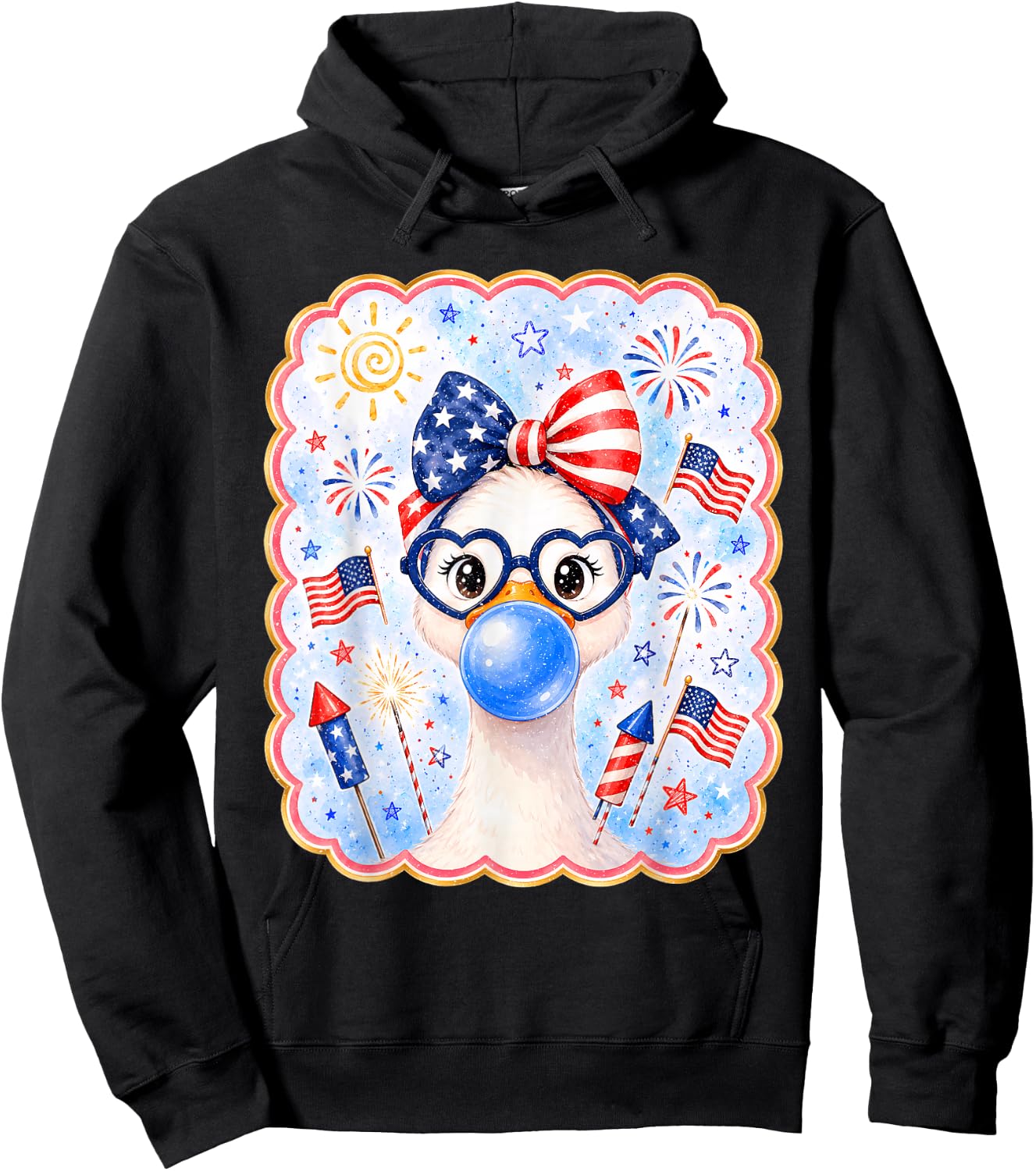Cute Goose Bubble Gum Bow USA America Flag 4th of July Girl Hoodie - Hoodie | Black