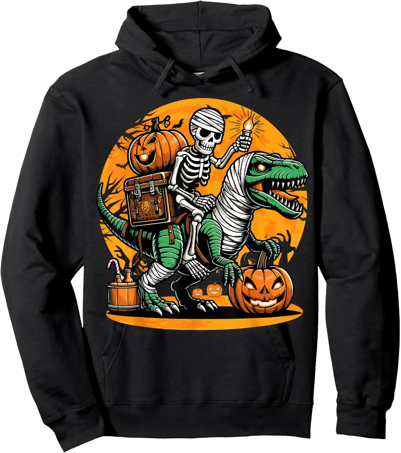 Skeleton Riding Mummy Dinosaur Pumpkin Spooky Trex Halloween Hoodie - Hoodie | Black