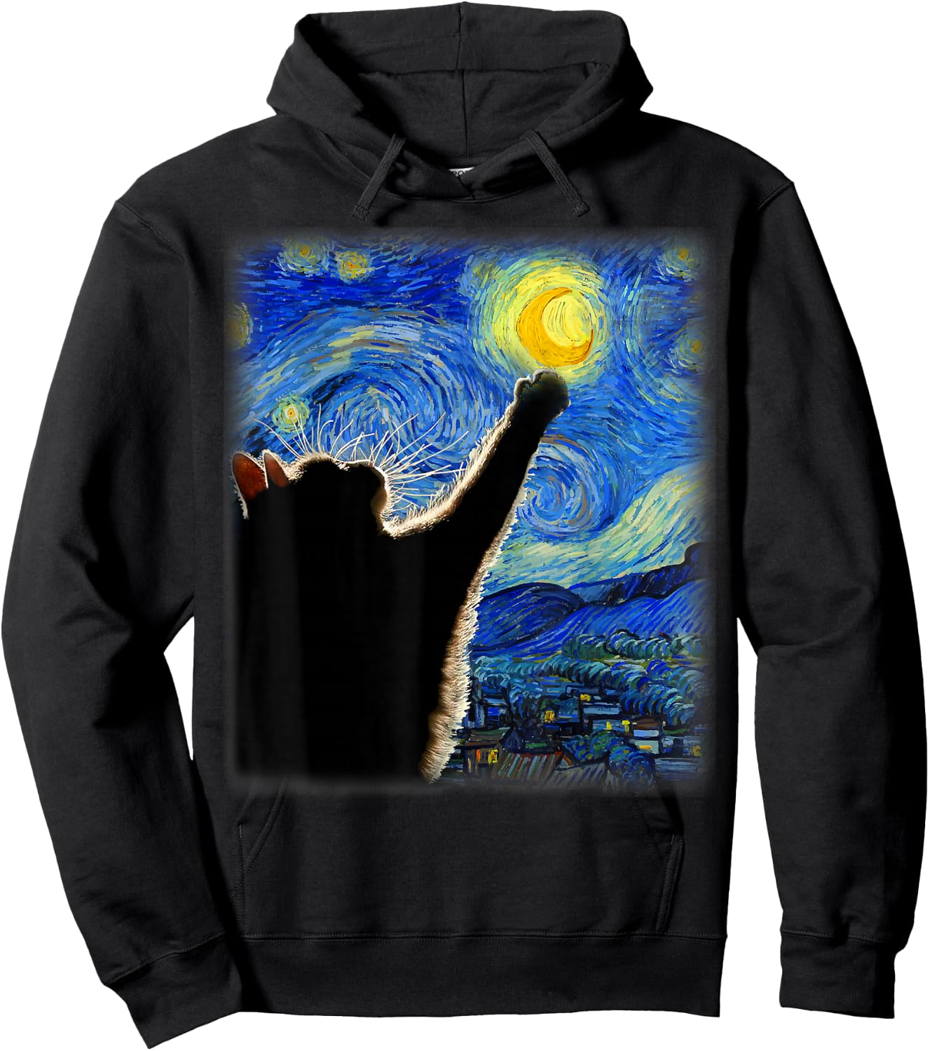 Starry Night Cat, Van Gogh Cat, Cat Lover, Cat Mom, Cat Dad , black Hoodie - Hoodie | Black