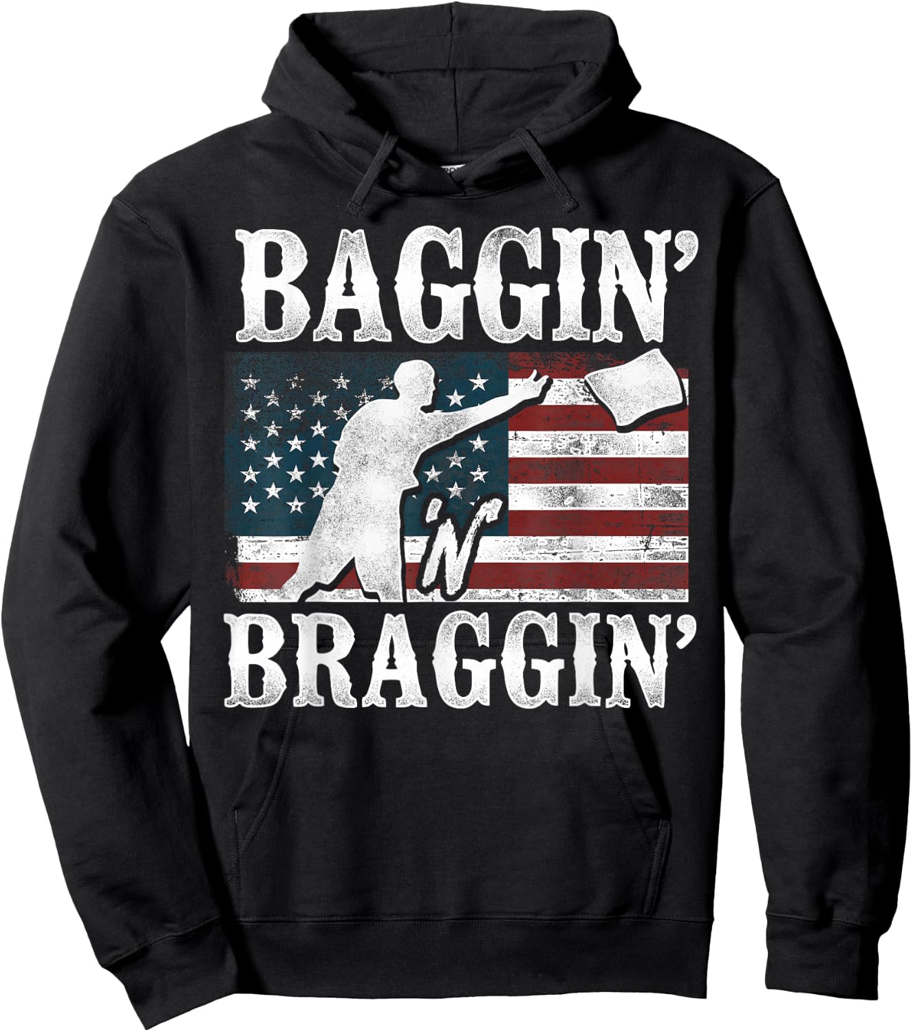 Cornhole Team Bean Bag Player Champ American Flag Baggin' Hoodie - Hoodie | Black