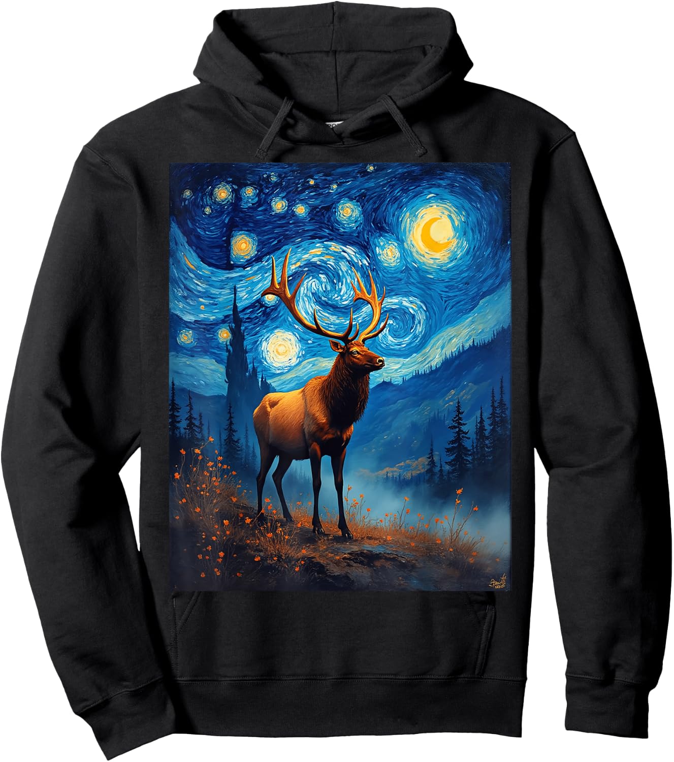 Van Gogh's Starry Night Elk Wapiti Animal Lovers Hoodie - Hoodie | Black